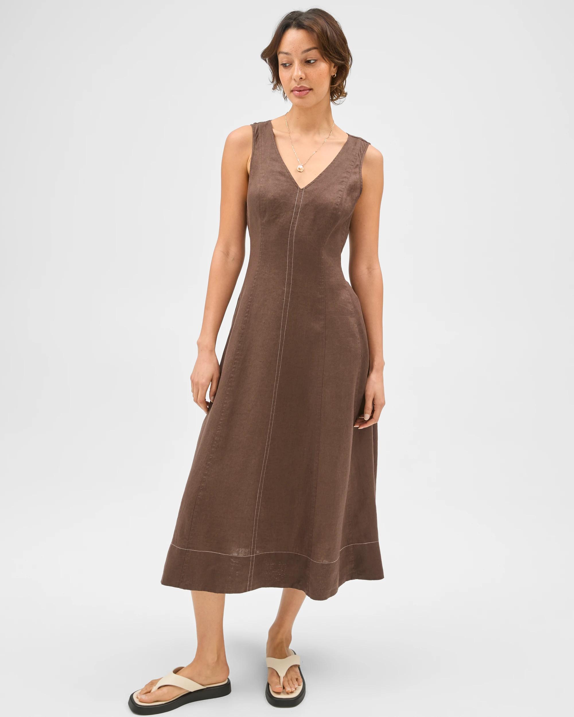 2 Target Woman European Linen Sleeveless Seamed Midi Dress COFFEE BEAN, 2 of 7