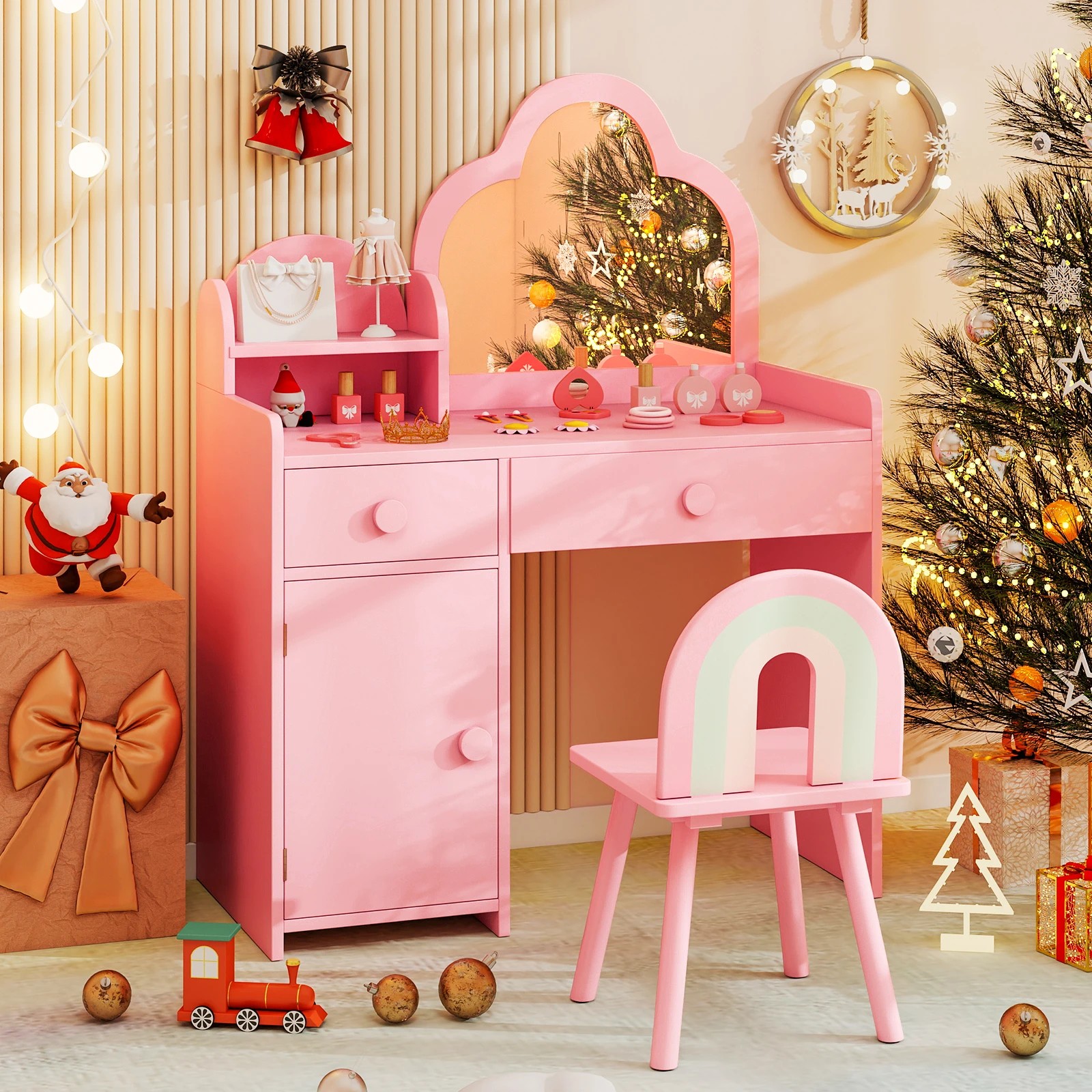 3 Costway 2-in-1 Mirror Vanity Set w/Detachable Top Princess Makeup Table Stool - Pink, 3 of 3