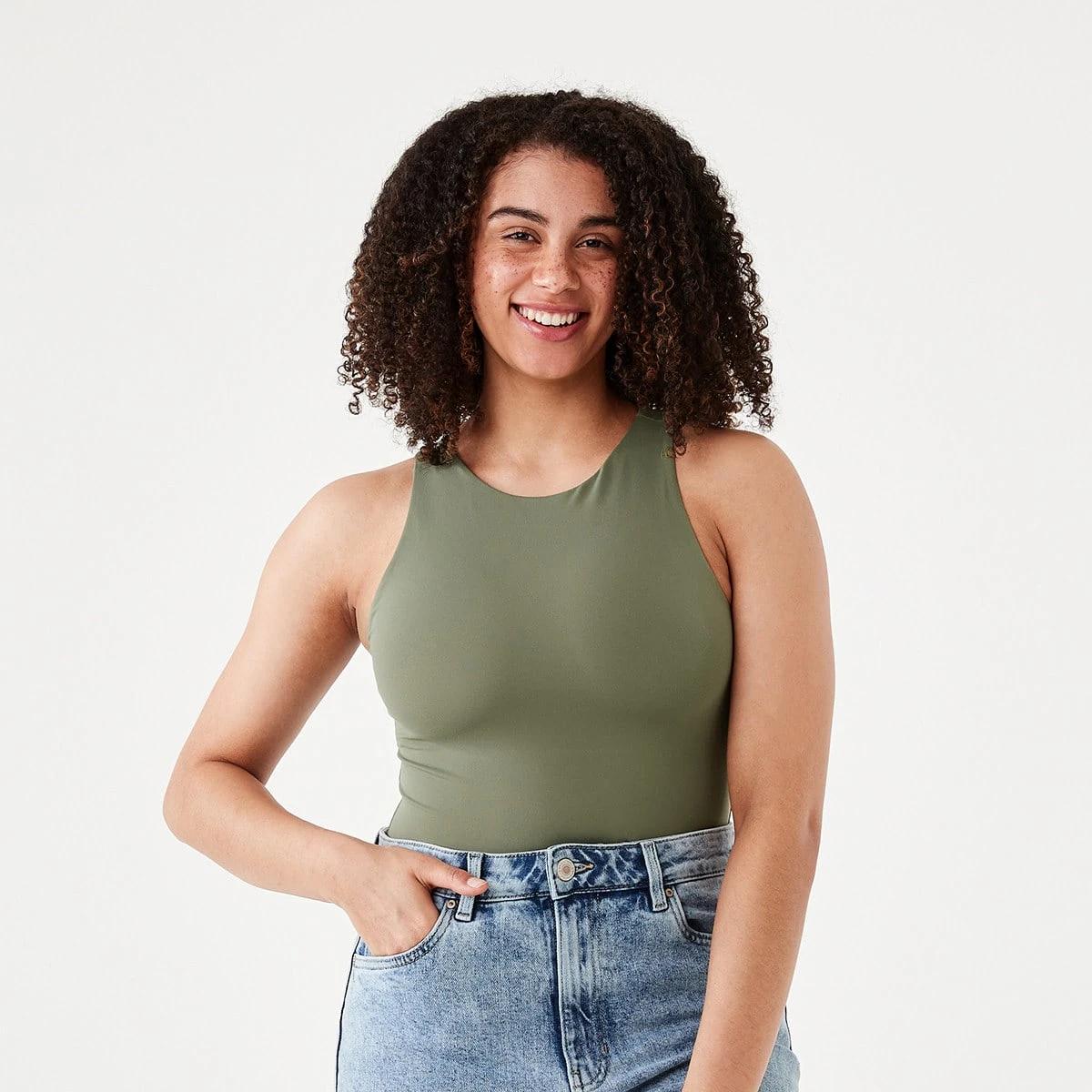 1 Sleeveless Halter Bodysuit Pale Khaki, 1 of 8
