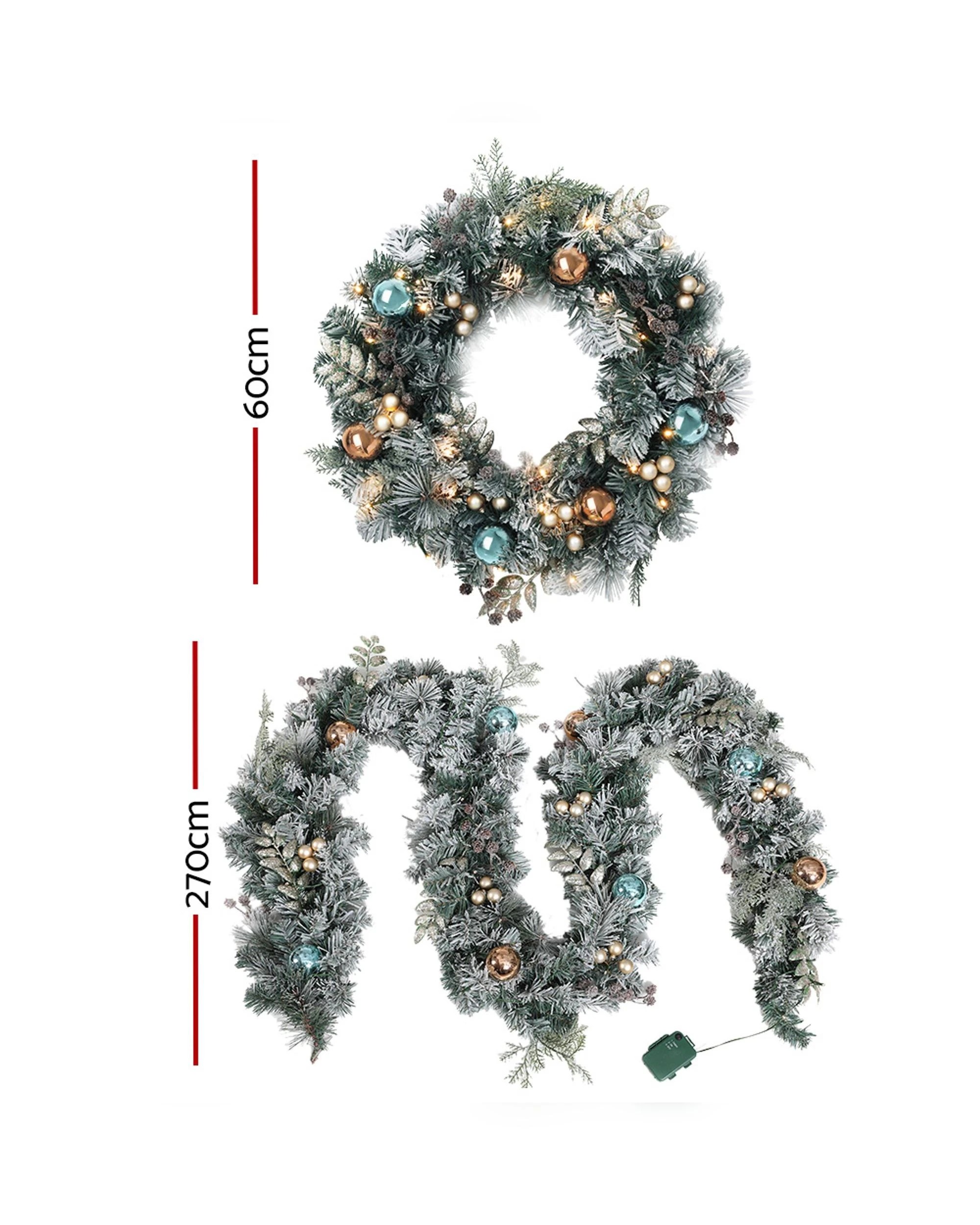 2 Jingle Jollys 2.7m Christmas Garland With Wreath Set Led Lights Snowy Xmas Decor
 - Green, 2 of 3