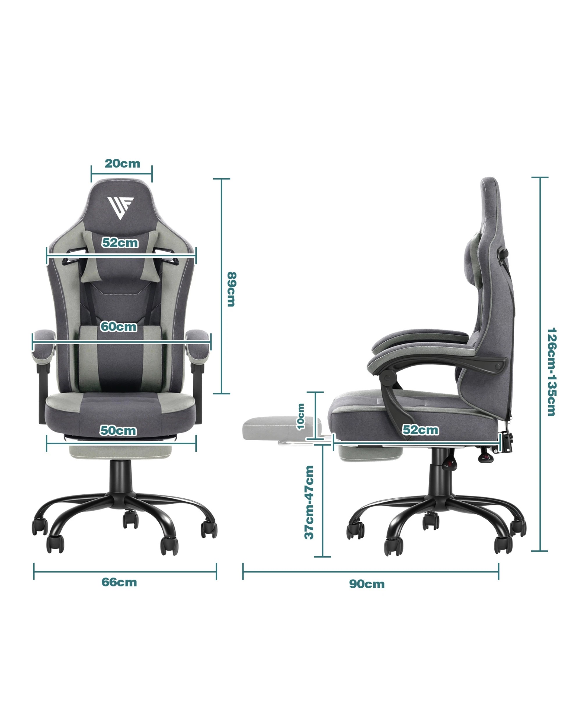2 Advwin Gaming Chair With Footrest Linen Fabric Ergonomic - Grey, 2 of 3