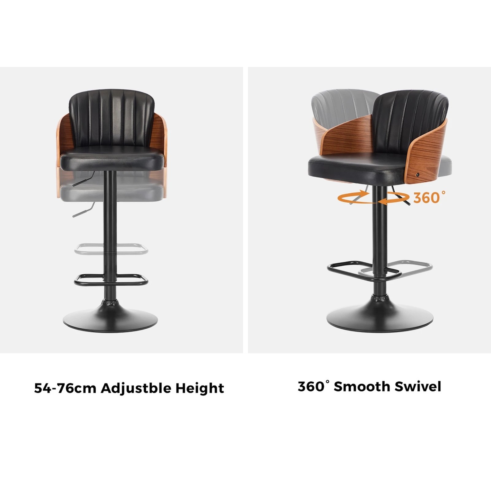 4 Oikiture 2x Bar Stools Adjustable Counter Height Stool Swivel Leather - Black, 4 of 9