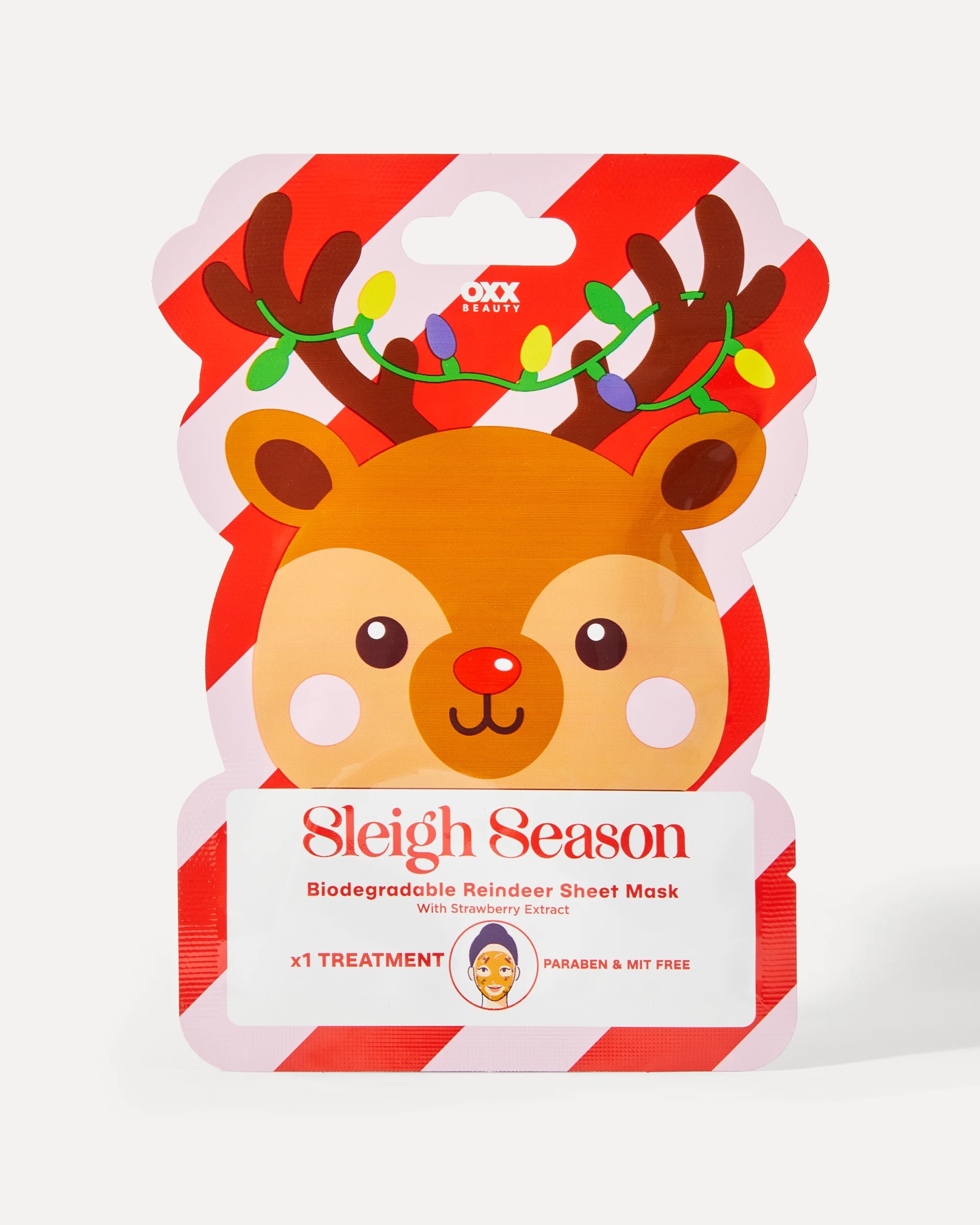1 OXX Beauty Sleigh Season Biodegradable Reindeer Sheet Mask - Strawberry Extract, 1 of 2