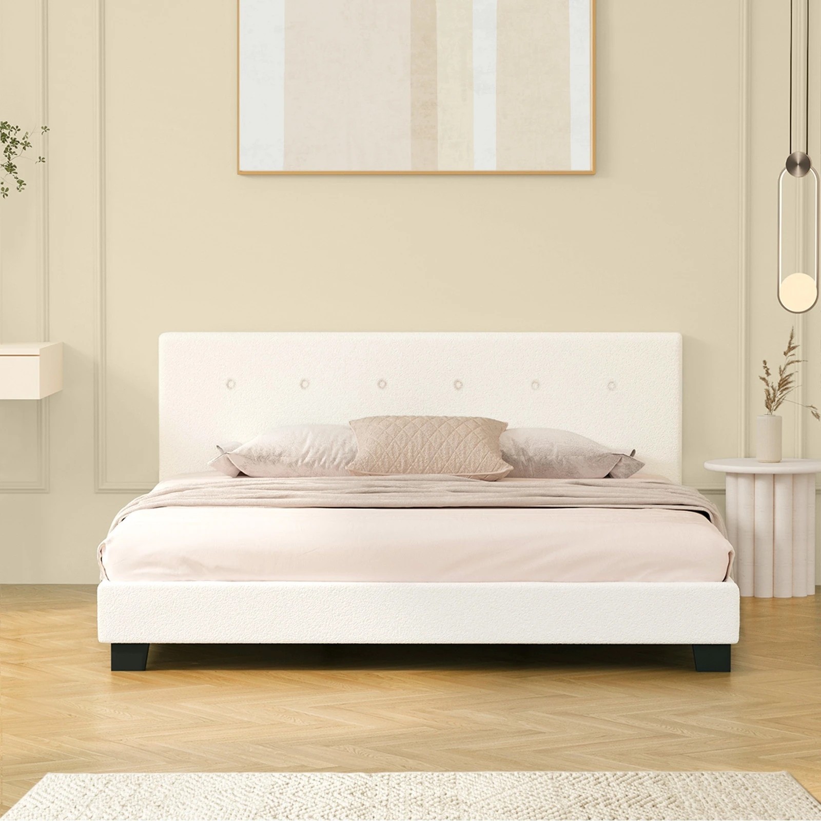 4 Oikiture Bed Frame King Size Bed Platform Boucle - White, 4 of 7