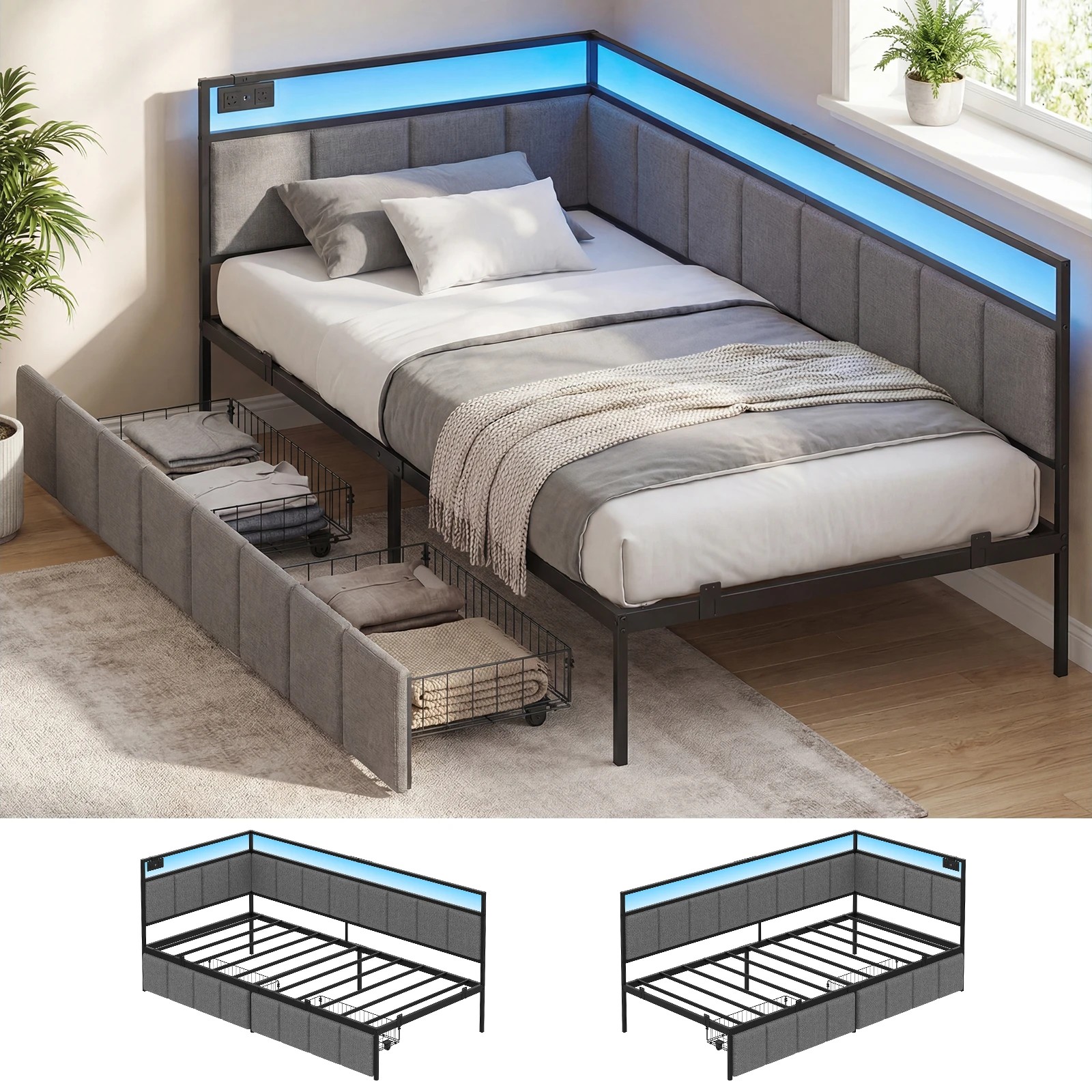 2 Advwin Single Corner Bed Frame with Charging Station and LED Light - Grey, 2 of 10