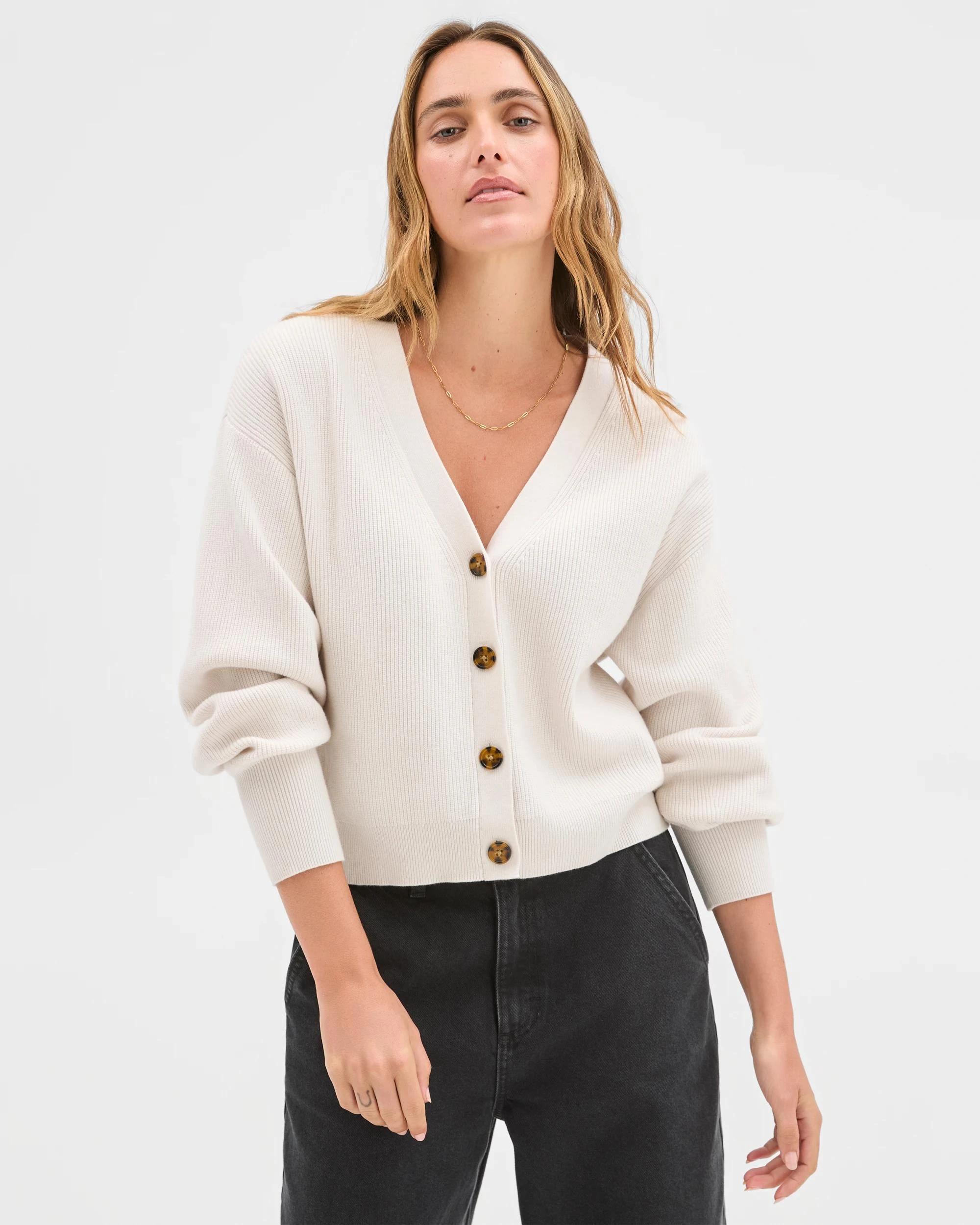 2 Target Woman Australian Cotton Blend V-Neck Rib Cardigan CHALK, 2 of 7