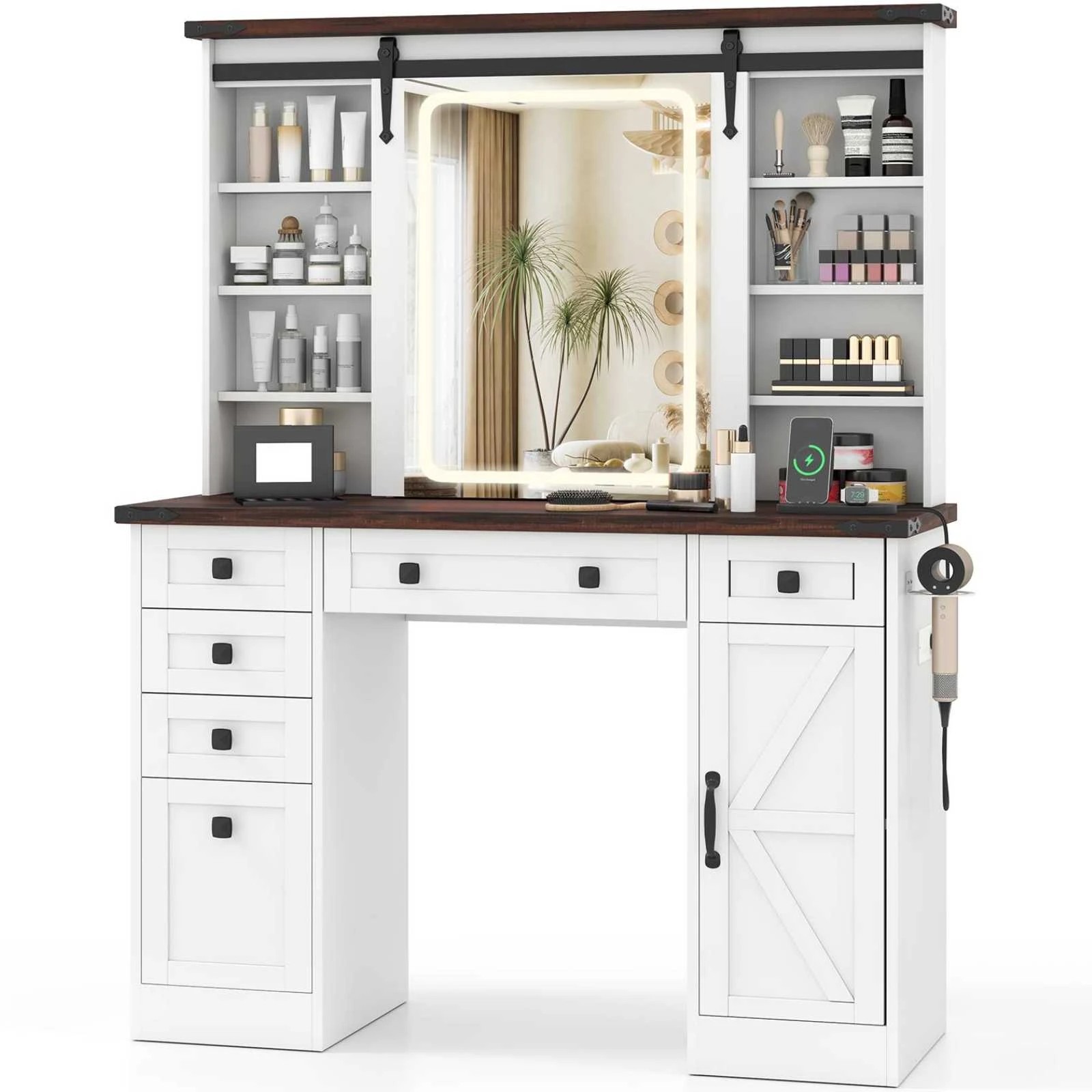 5 Costway Lighted Farmhouse Dressing Table w/Sliding Mirror Makeup Vanity Desk, 5 of 5