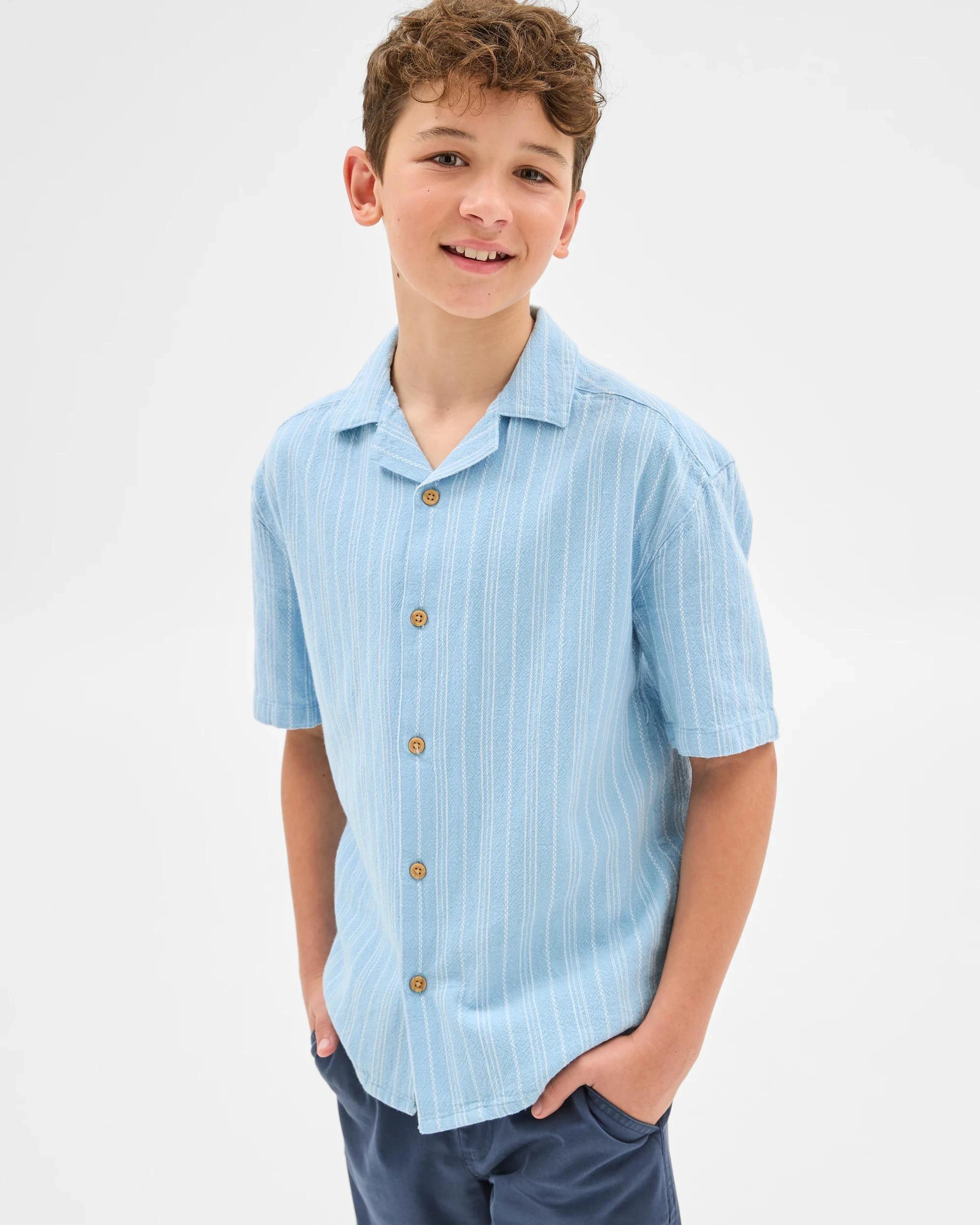 1 Target Cotton Linen Blend Short Sleeve Textured Shirt TIDAL BLUE STRIPE, 1 of 6