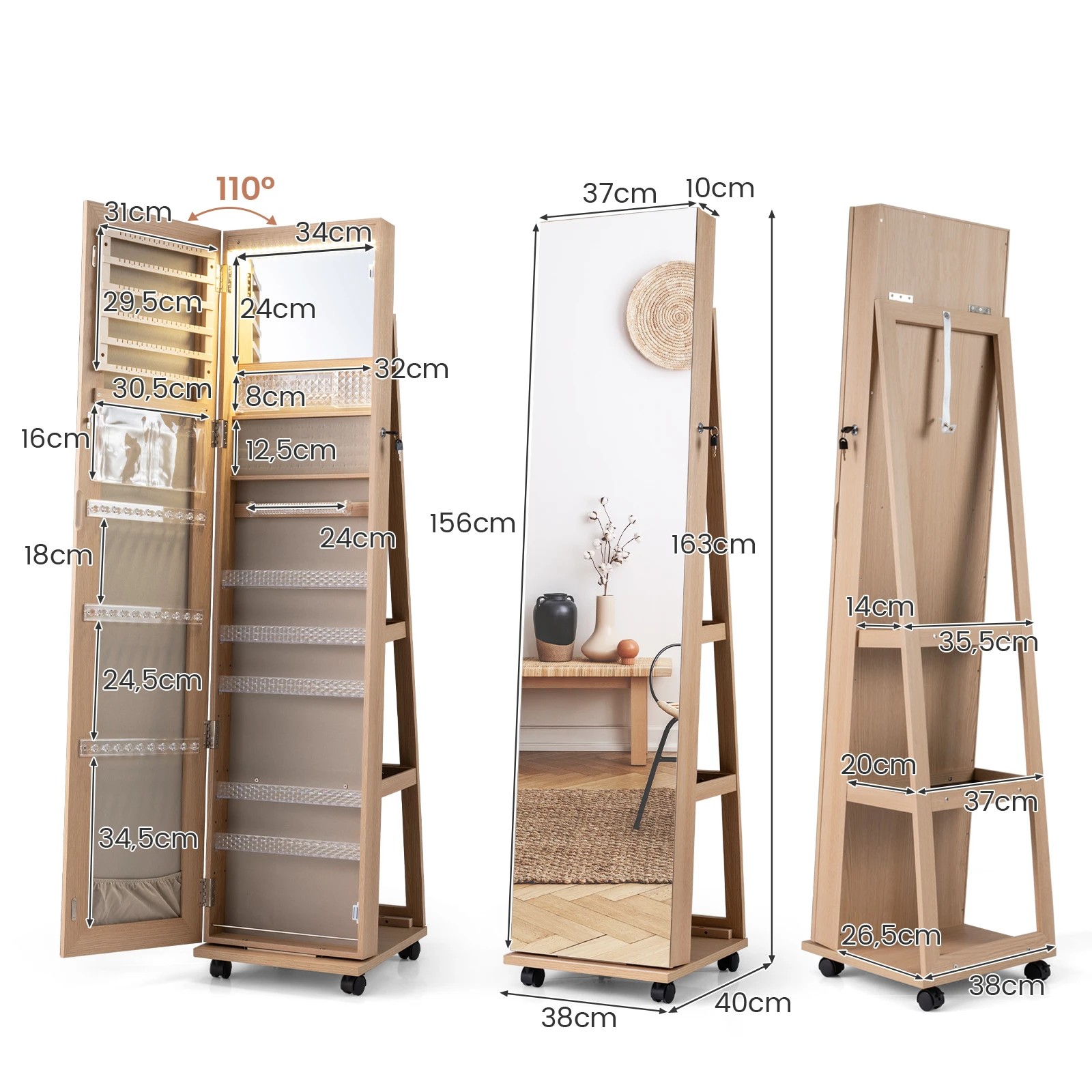 3 Costway 1.63M Mobile LED Jewellery Cabinet Makeup Mirror Storage Organizer w/Adjustable Shelves - Natural, 3 of 4