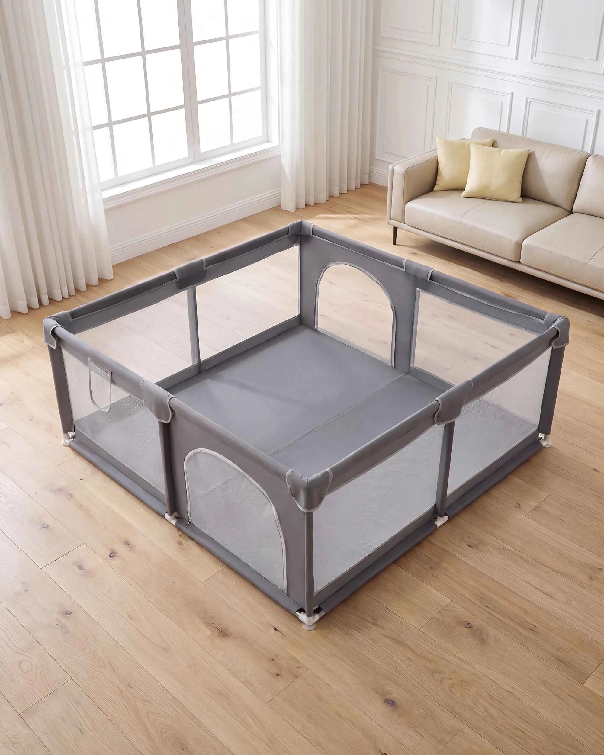 2 Playpals Baby Playpen Kids Safety Gate Mesh Toddler Fence 2 Doors 180x200cm - Grey, 2 of 10