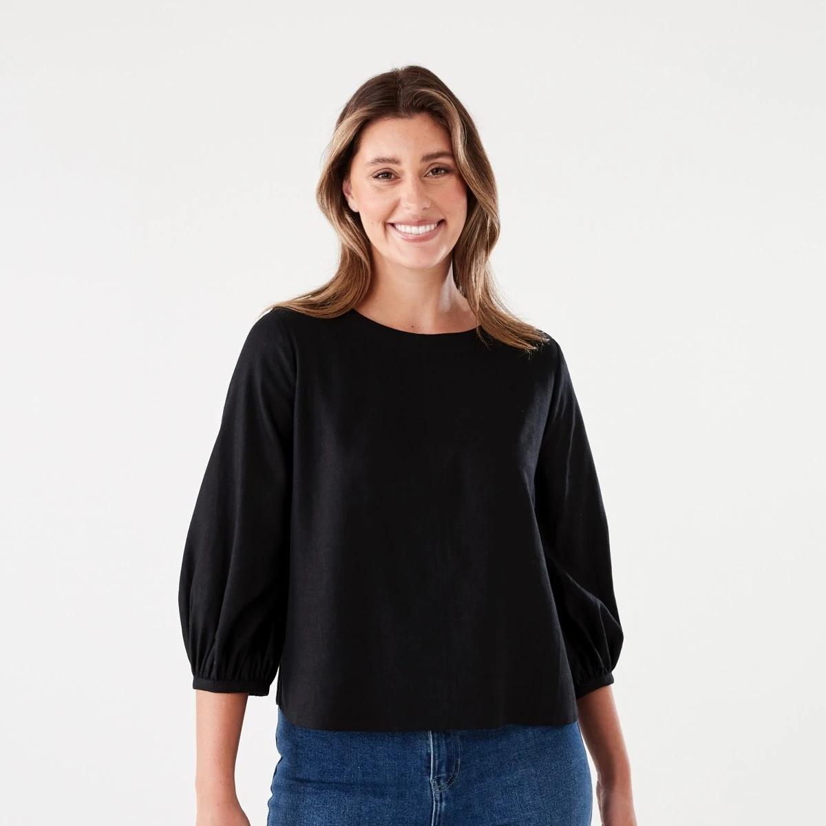 1 Long Sleeve Linen Blend Top BLACK, 1 of 6