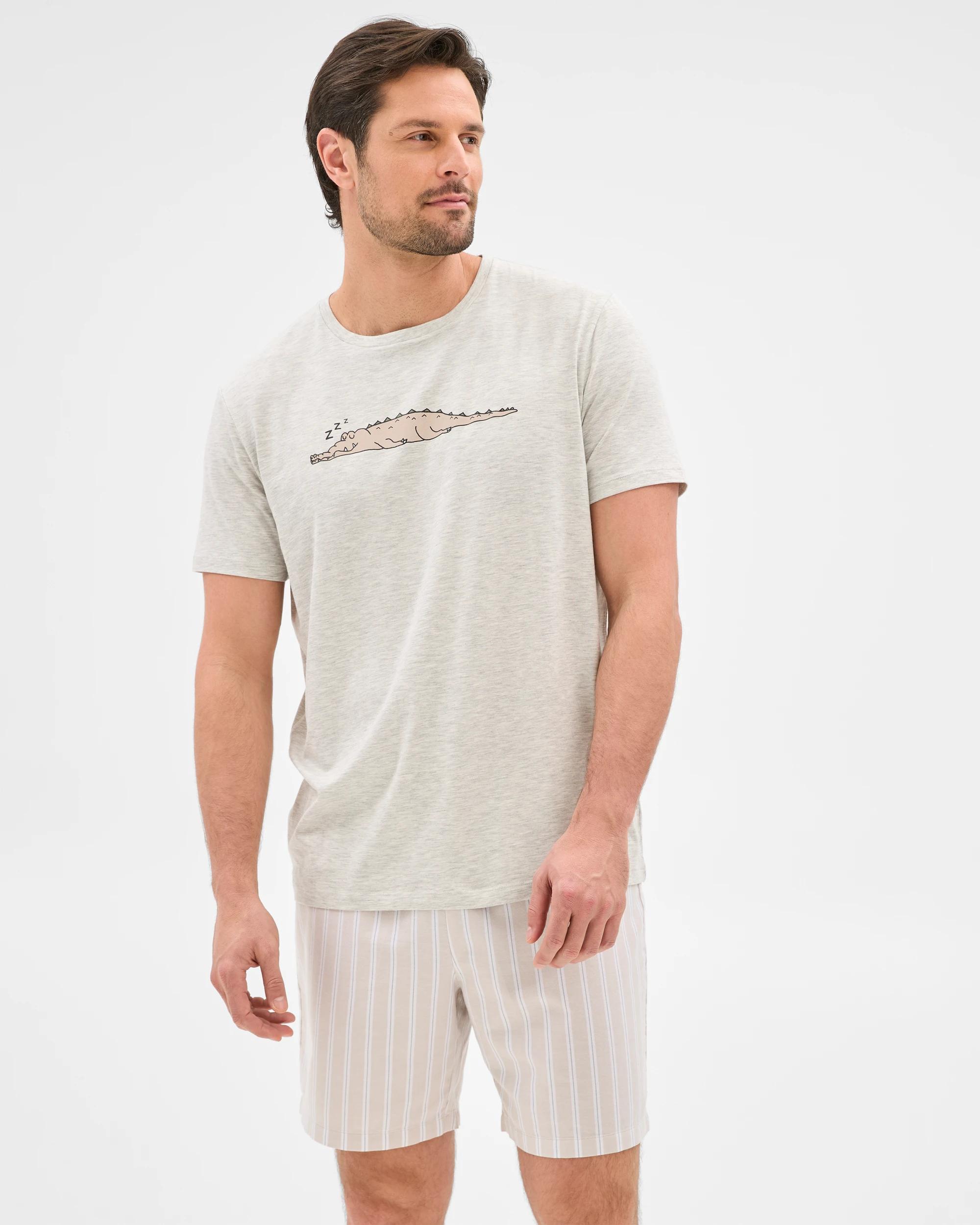 2 Target Mens Australian Cotton Blend Jersey Top Oxford Shorts Pyjama Set GREY MARLE CROC, 2 of 6