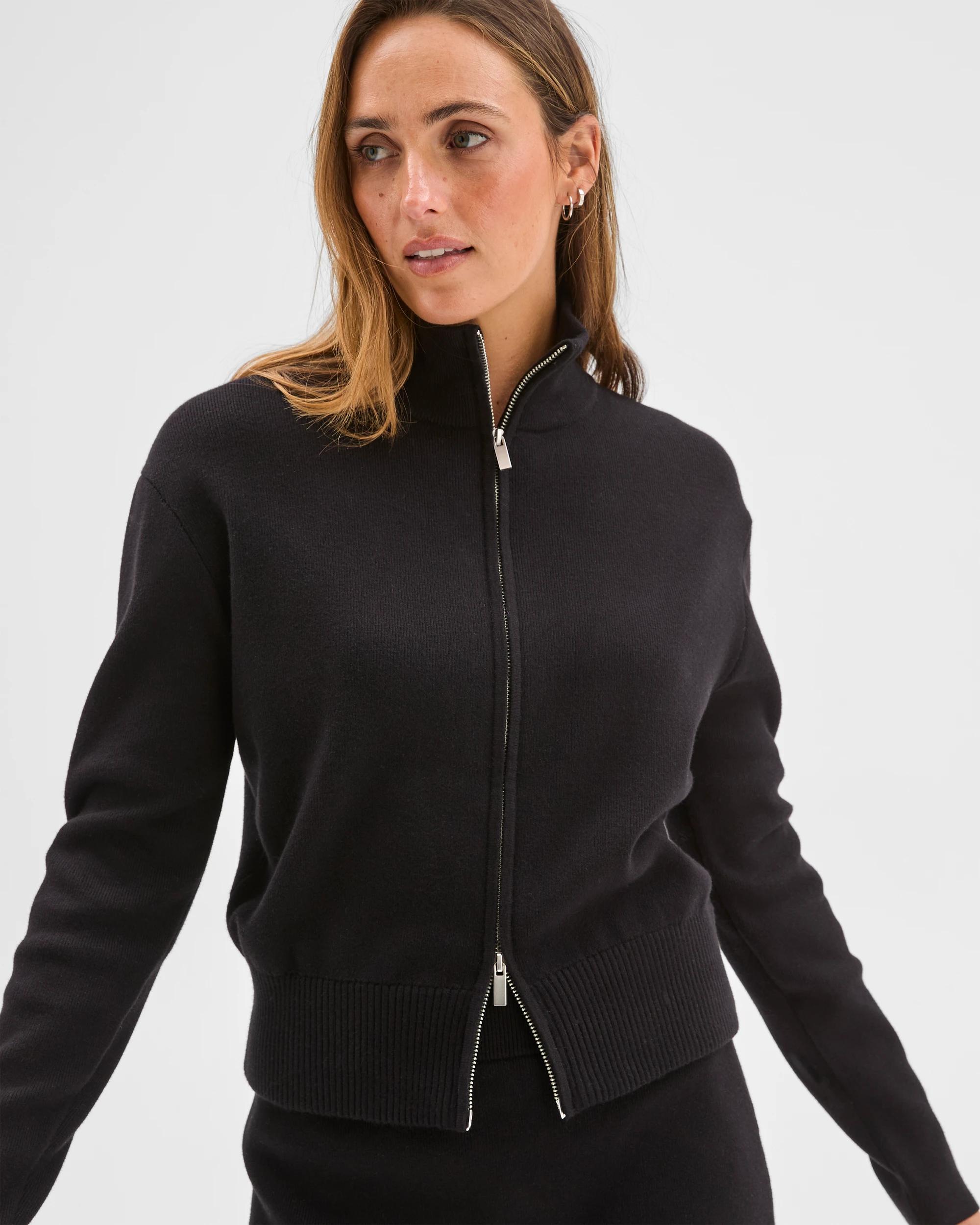 3 Preview Australian Cotton Blend Polished Knit Bomber Cardigan BLACK, 3 of 6