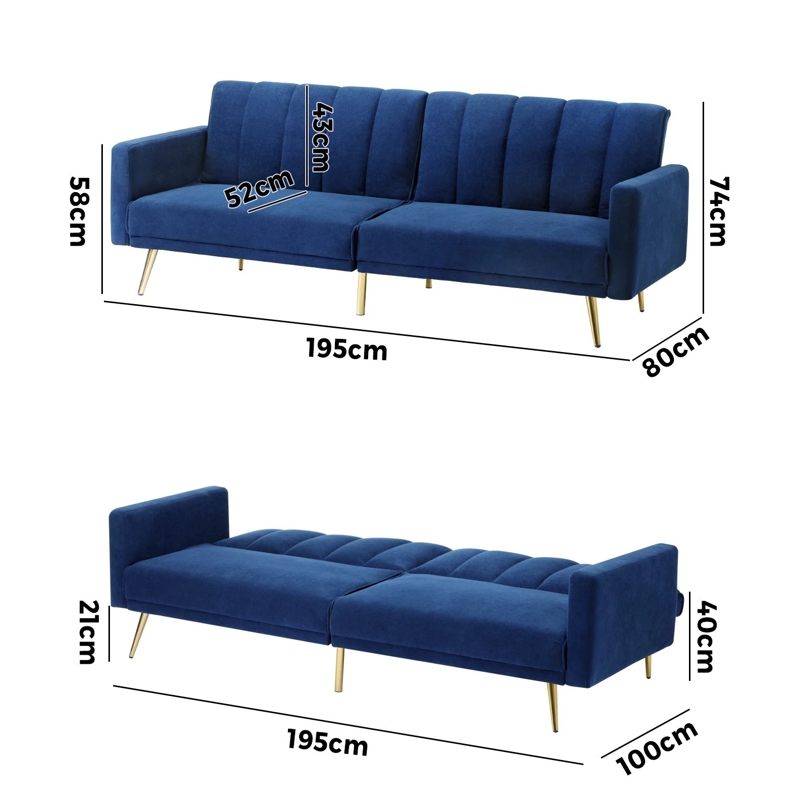 10 Oikiture Sofa Bed 3-seater Recliner Convertible Lounge Couch Sofabed Velvet
 - Blue, 10 of 10