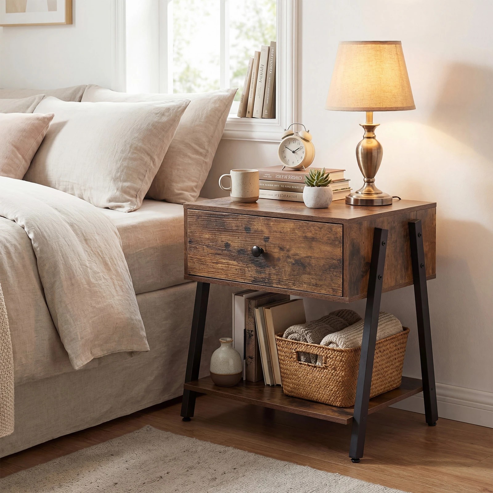 3 Costway Industrial Nightstand w/Drawer Wooden Bedside End Table, 3 of 6