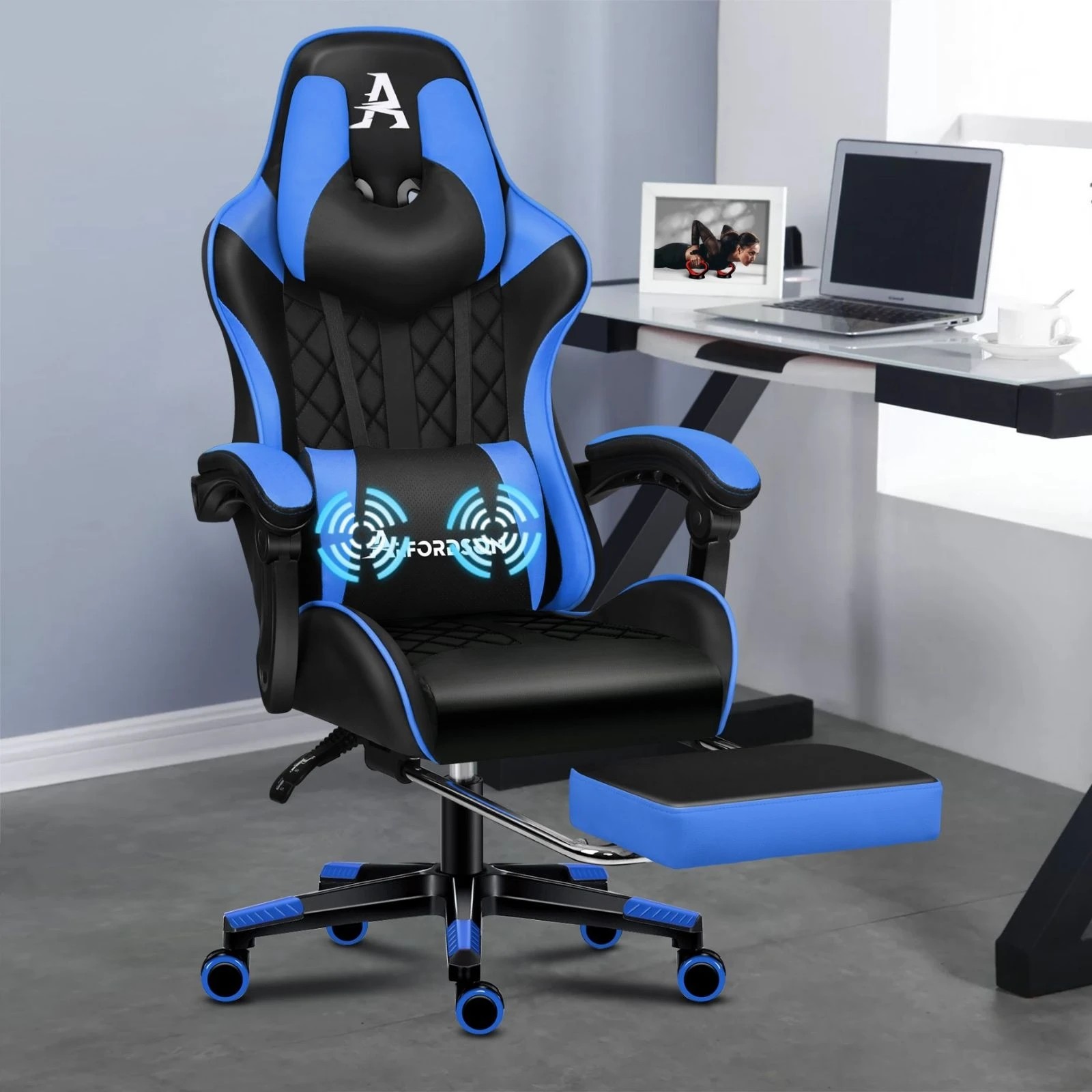 2 Alfordson Gaming Chair Office Racer Large Lumbar Cushion Footrest Seat Leather - Blue, 2 of 10