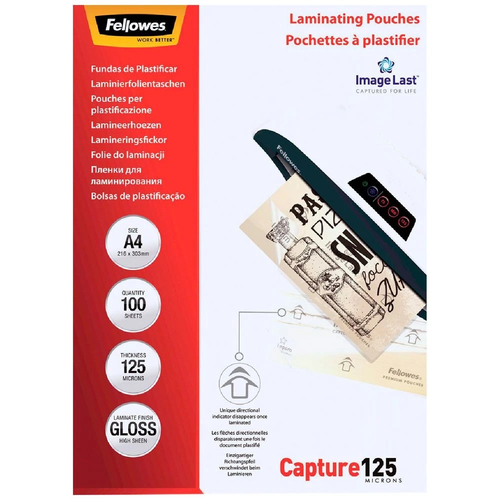 1 Fellowes A4 125 Micron Laminating Pouch Gloss 100 Pack, 1 of 4