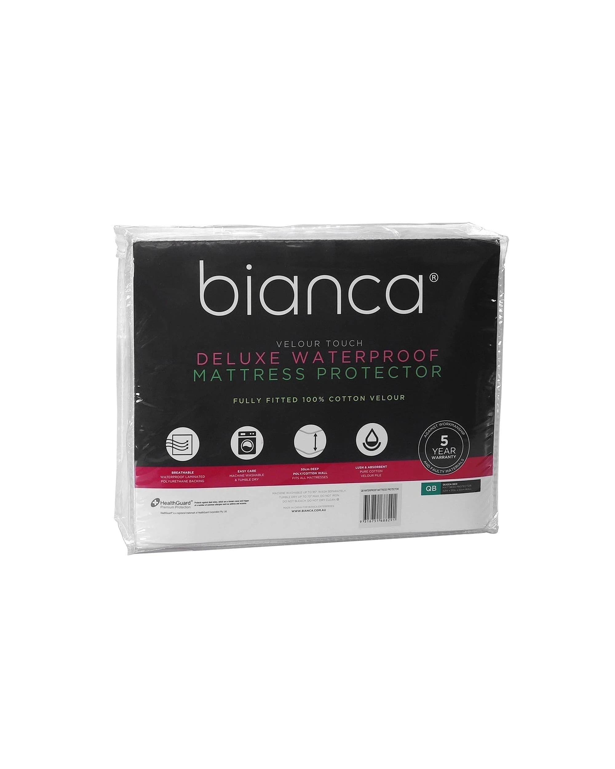 1 Bianca Bedding DELUXE WATERPROOF COTTON VELOUR MATTRESS PROTECTOR - Super King - White, 1 of 6