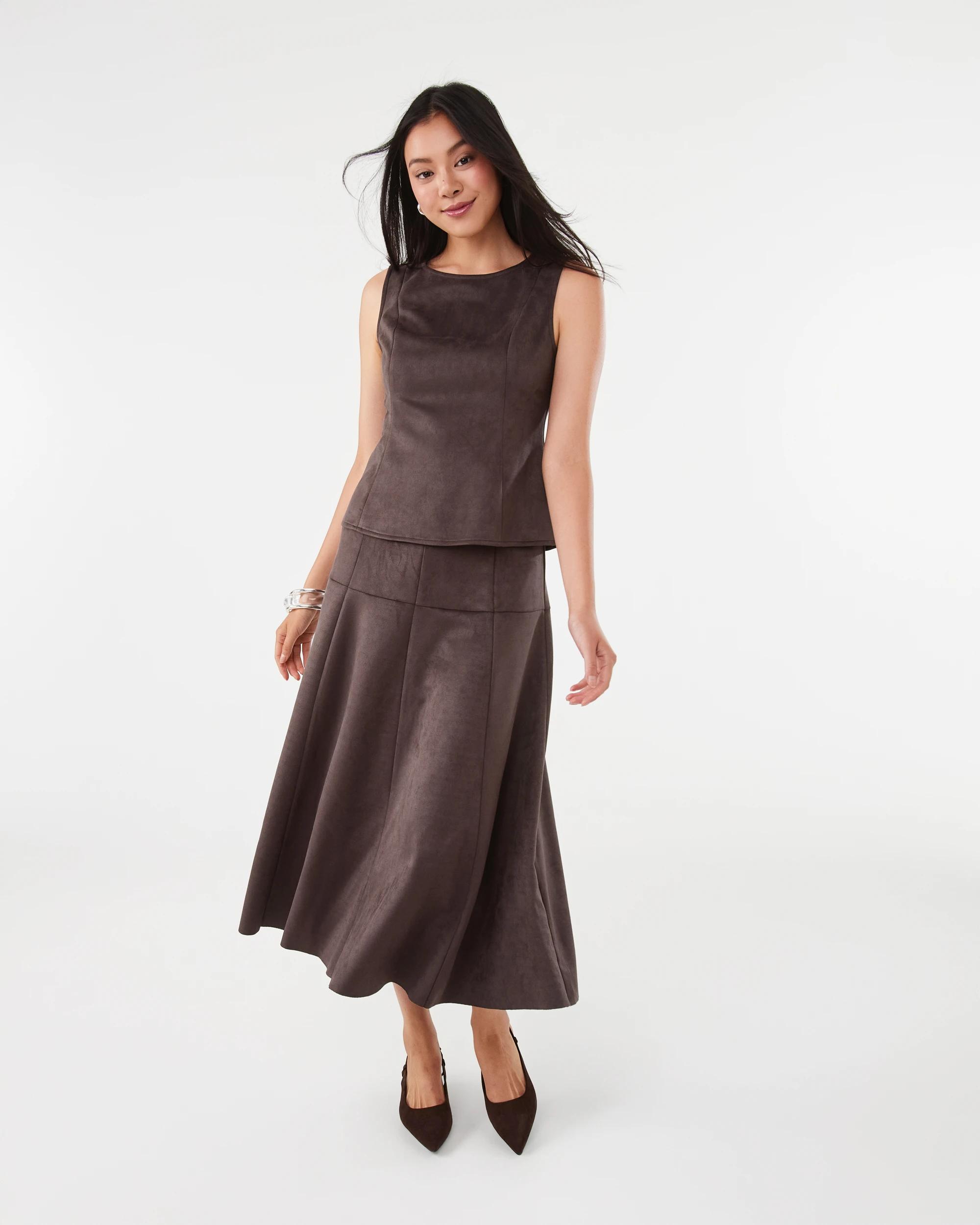 2 Suedette A-line Maxi Skirt Choc Plum, 2 of 6