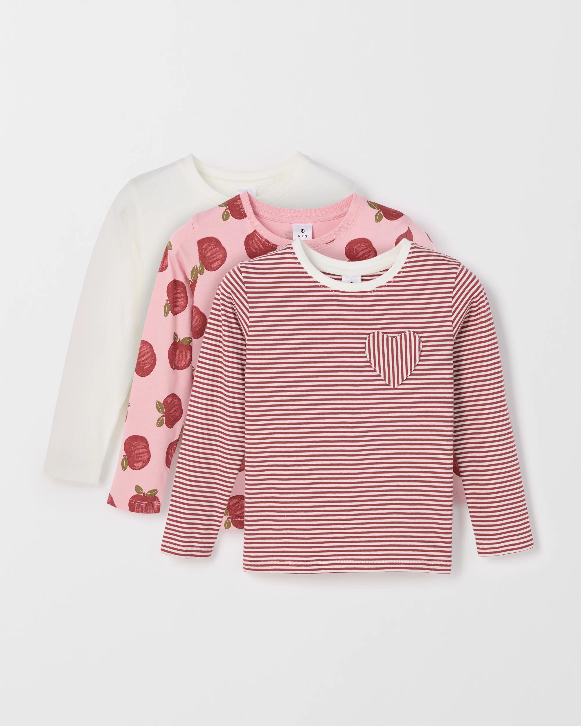 1 Target Kids Australian Cotton 3 Pack Long Sleeve T-Shirt STRIPE/APPLE PRINT/ALL OVER PRINT, 1 of 5