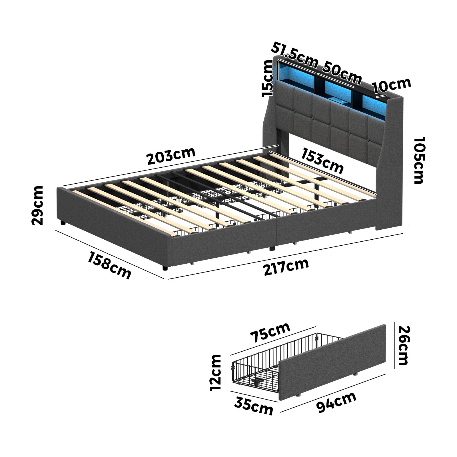 2 Oikiture Queen Bed Frame With LED Storage Headboard 2 Drawers & Charging Station - Grey, 2 of 7