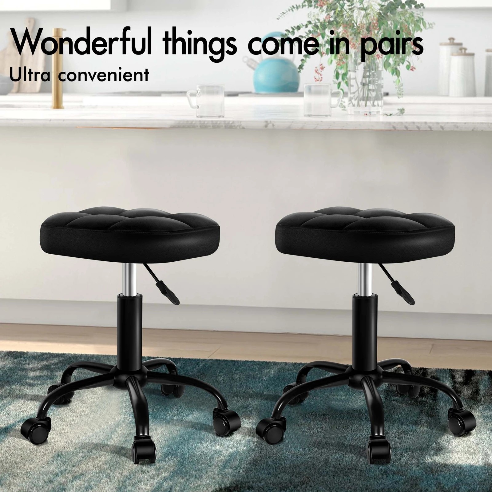 3 Alfordson 2x Salon Stool Square Swivel Barber Hair Chair - All Black, 3 of 10