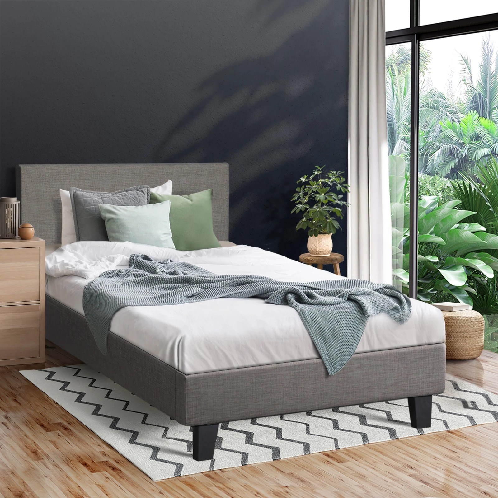 3 Oikiture Bed Frame Single Size Wooden Slats Fabric - Grey, 3 of 10
