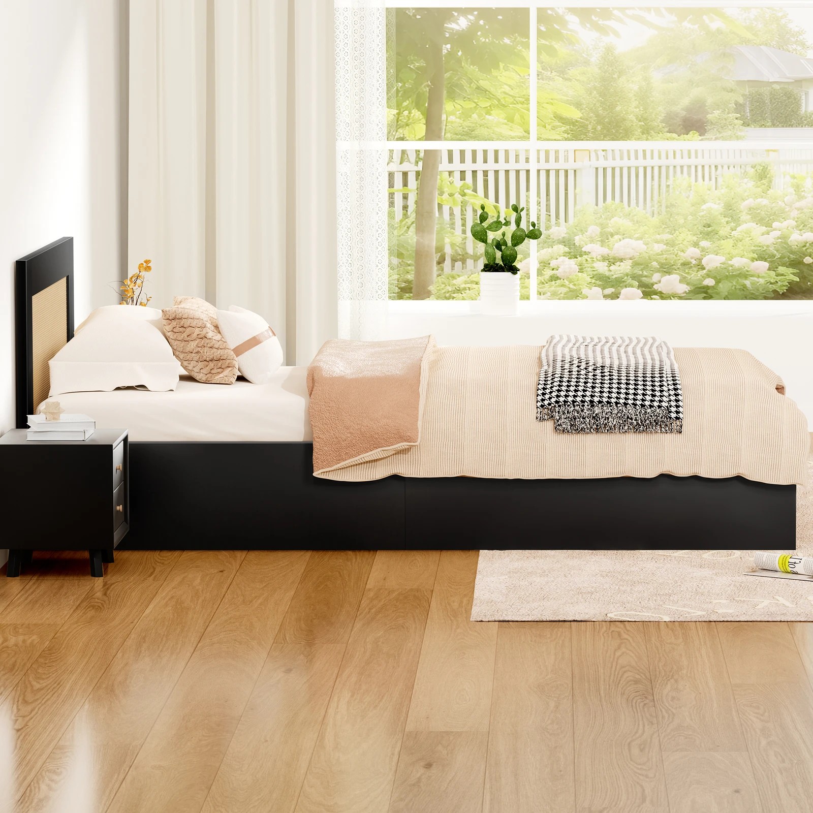 6 Alfordson Wooden Bed Frame King Single Rattan Bed Base with Storage Drawer - Black, 6 of 10