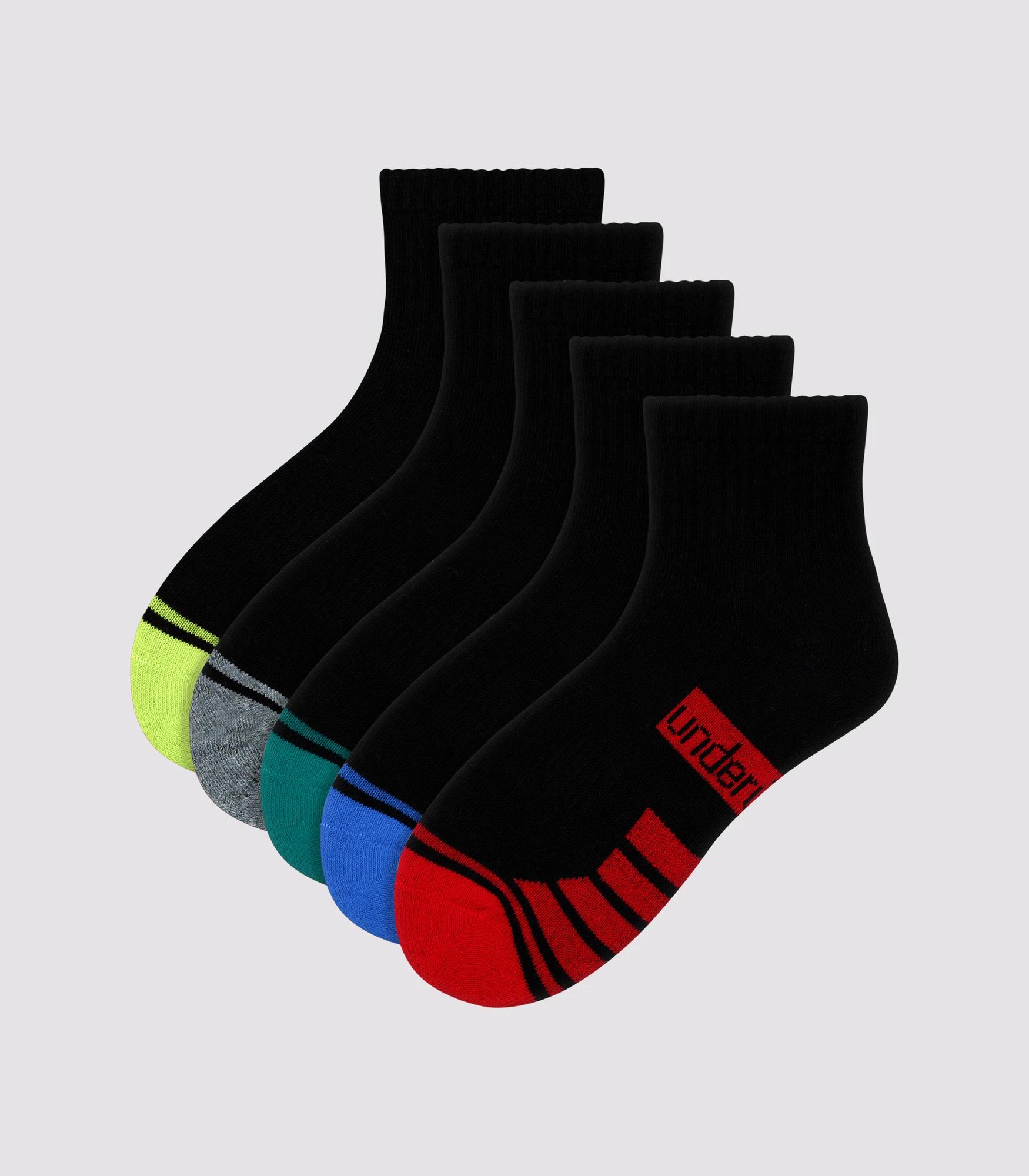 1 Kids Cushioned Sport Quarter Crew Socks 5 Pack - Underworks BLACK, 1 of 2