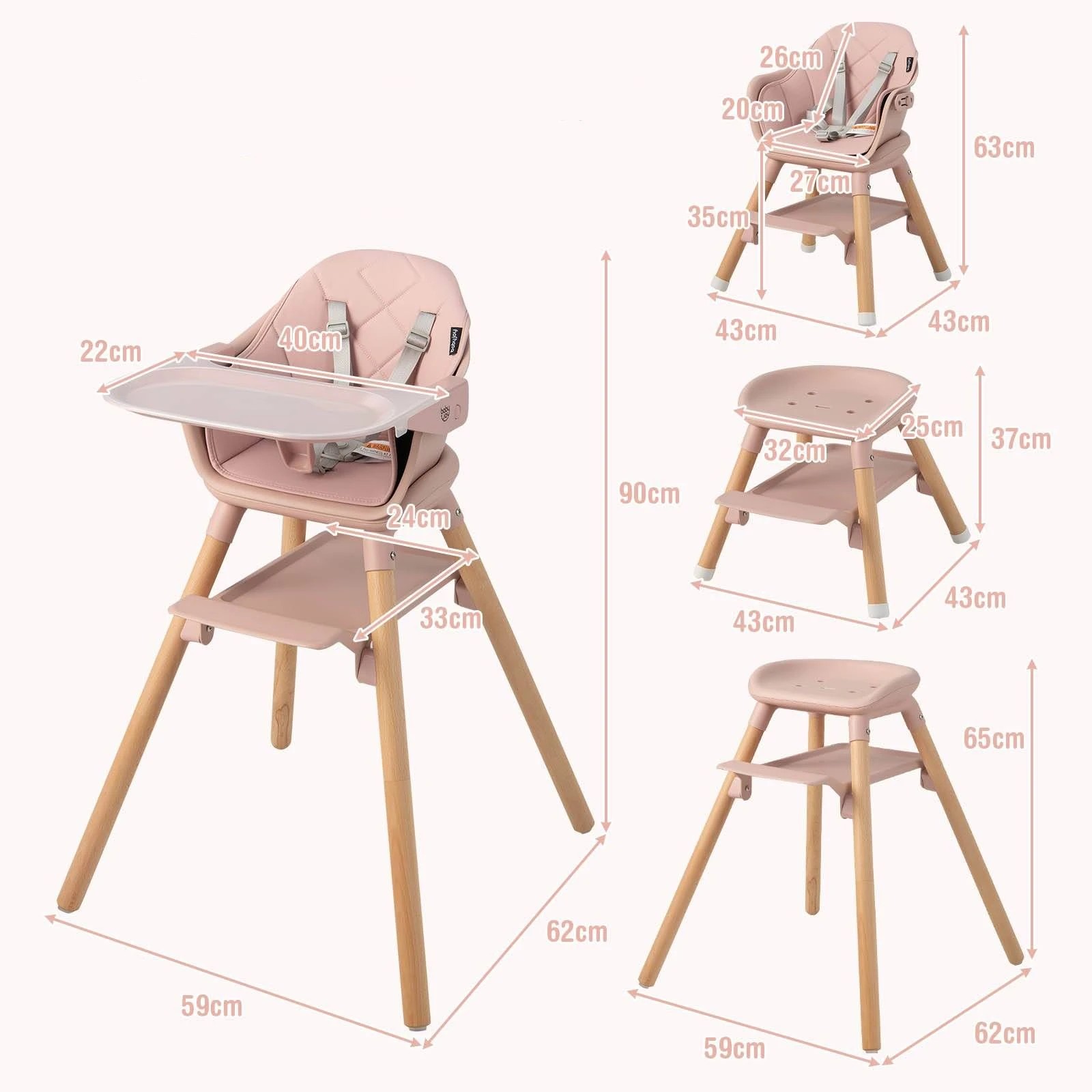 2 Costway High Chair Wooden Dining Seat Pink, 2 of 2