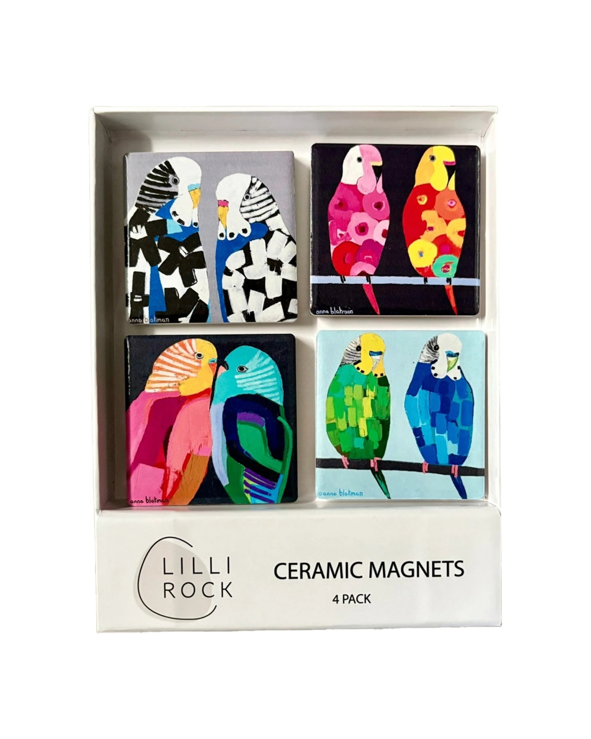 1 Lilli Rock 4pc Annas Budgies Ceramic Magnet Pack Australian Art 16.5cmx13cm - Multi, 1 of 1