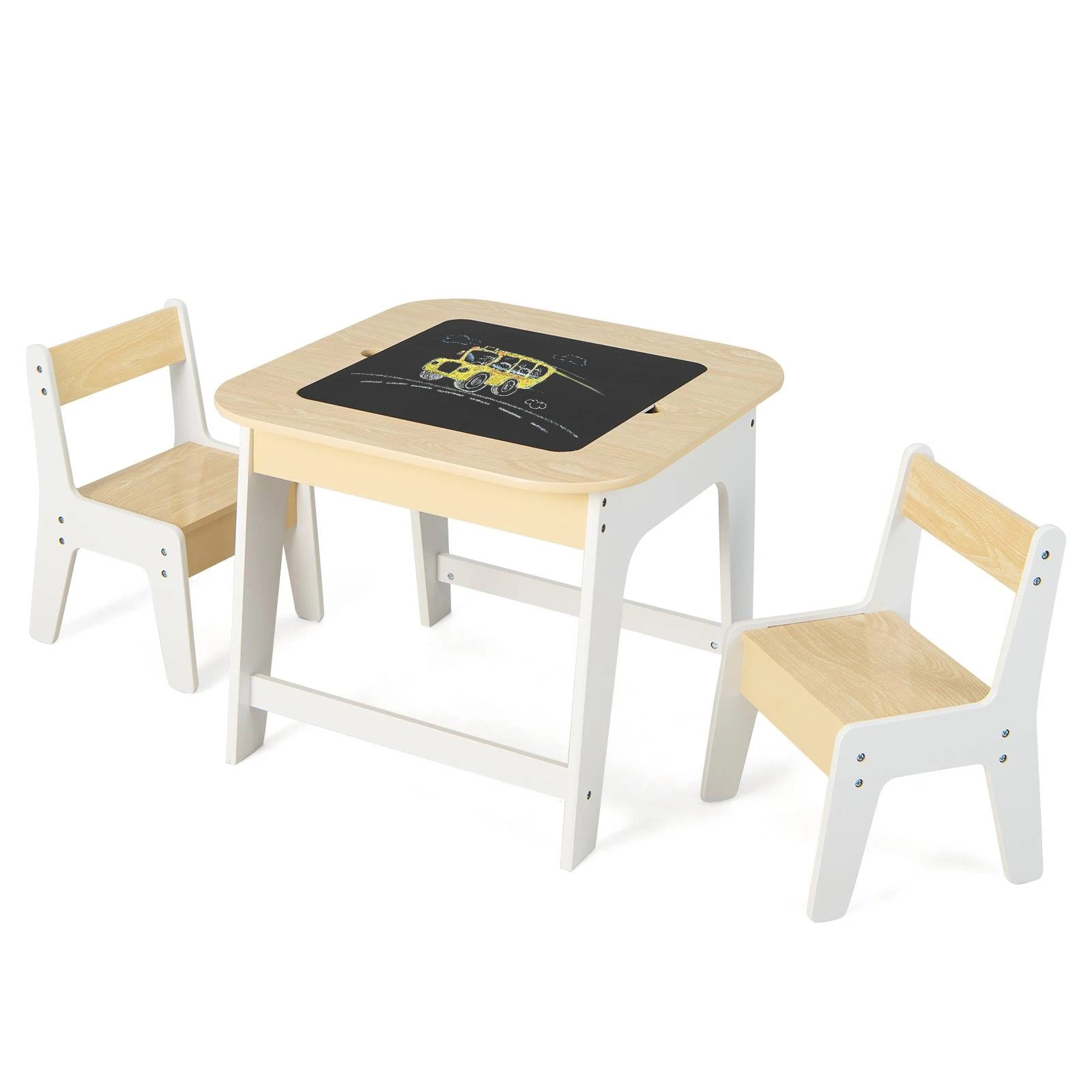 1 Costway Double-Sided Kids Drawing Table & Chairs Set - Natural, 1 of 6
