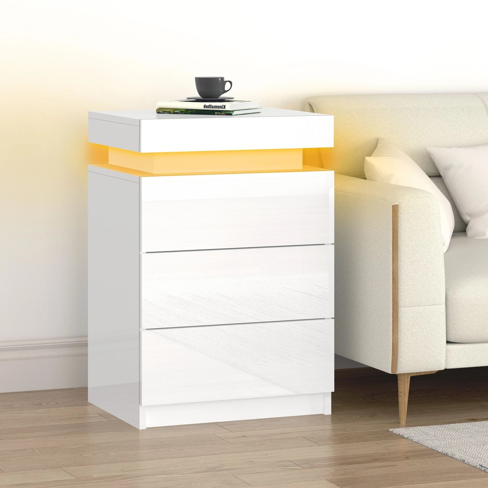3 Alfordson Bedside Table RGB LED Nightstand 3 Drawers 4 Side High Gloss - White, 3 of 10
