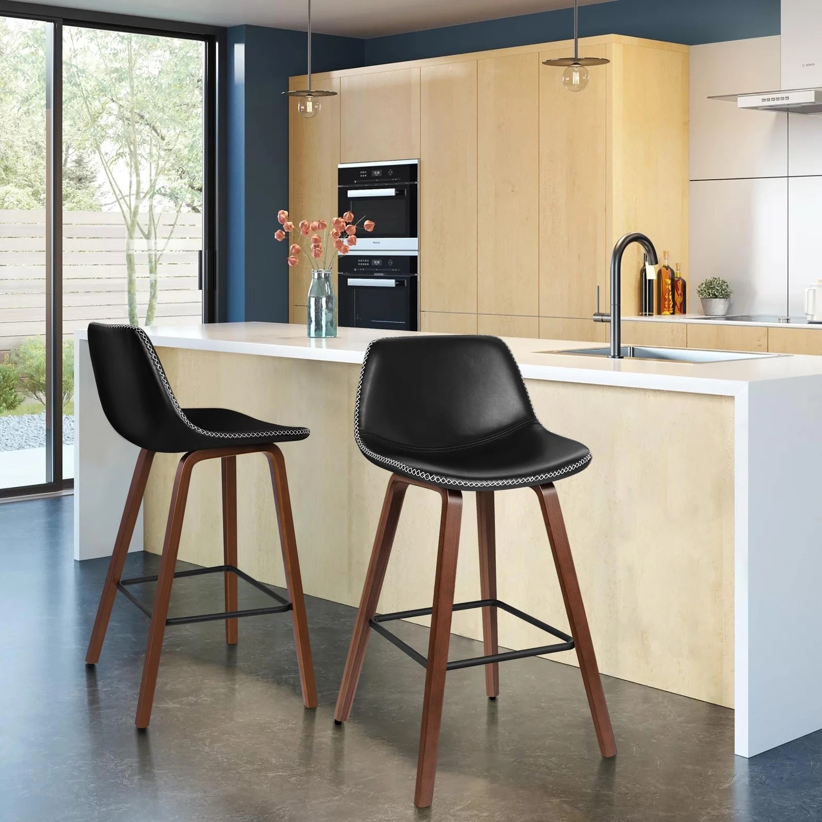 2 Alfordson 2x Wooden Bar Stools Noah Kitchen Dining Chair Vintage Retro - Black, 2 of 10
