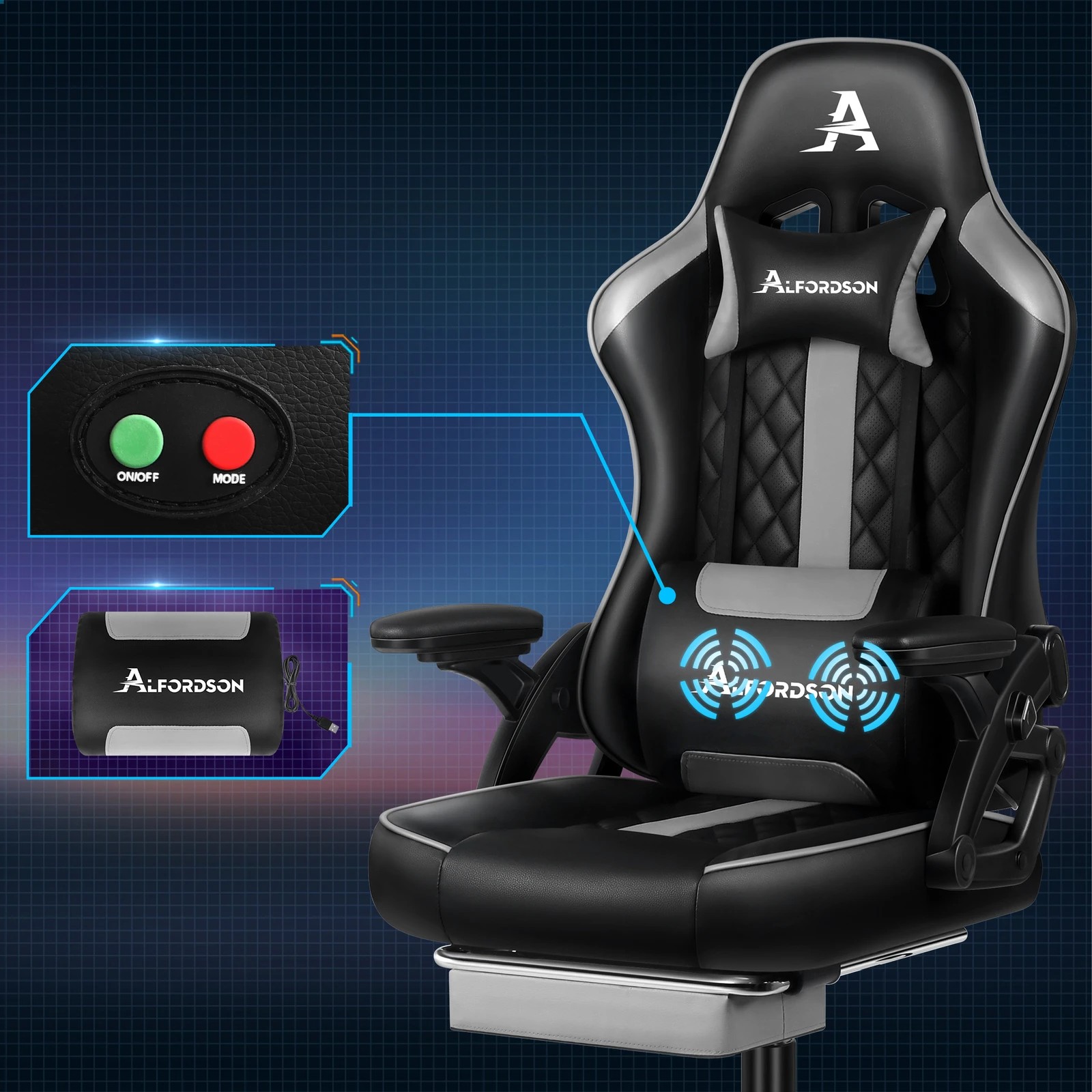 3 Alfordson Gaming Office Chair Massage Computer Footrest Leather - Grey, 3 of 10