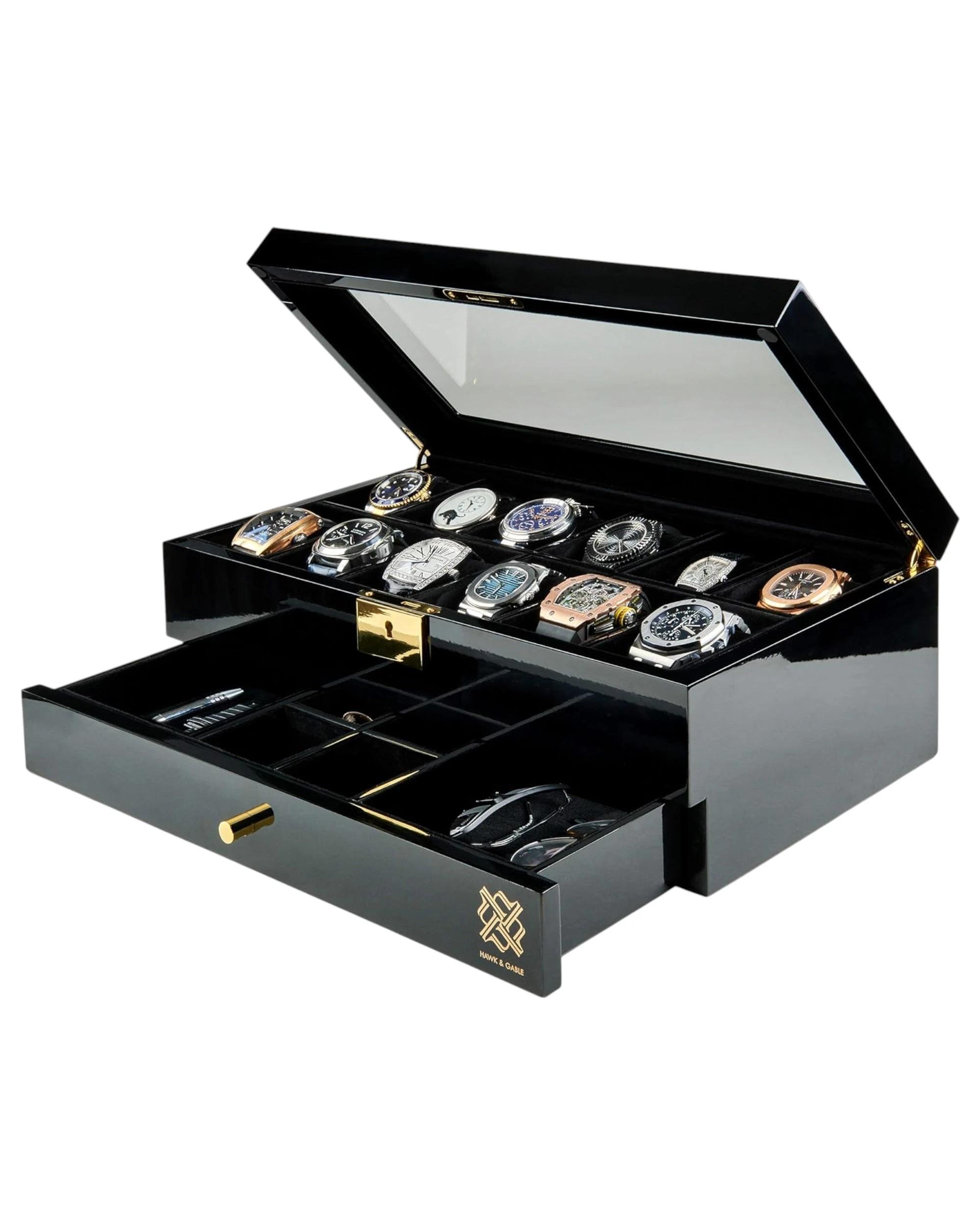 1 HAWK & GABLE 12 Slot Watch Box Organizer with Drawer Luxury Piano Finish Case PIANO BLACK, 1 of 9