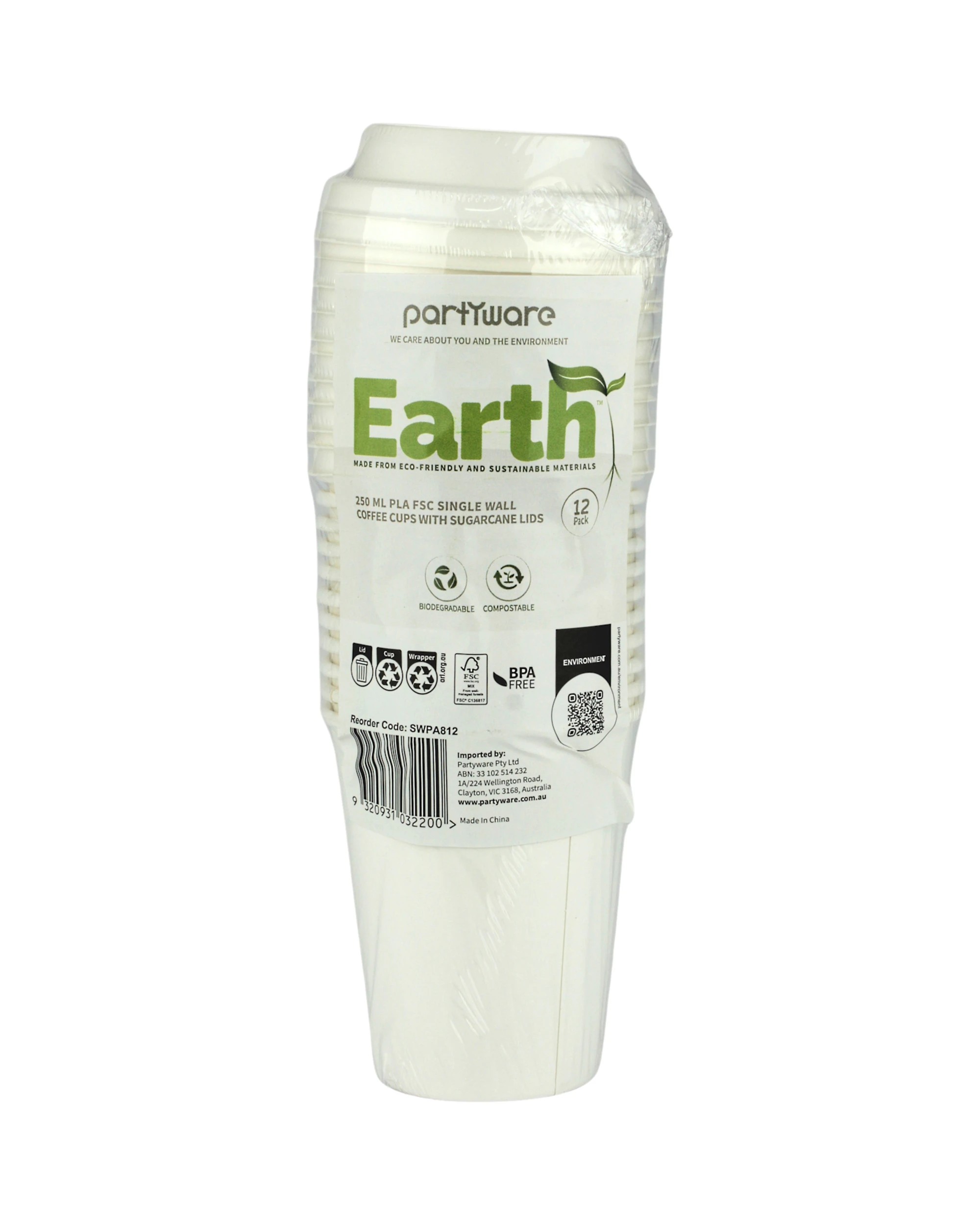 2 Partyware Earth Single Wall Coffee Cups with Sugar Cane Lids 250ml Pack of 12 - Beige, 2 of 3