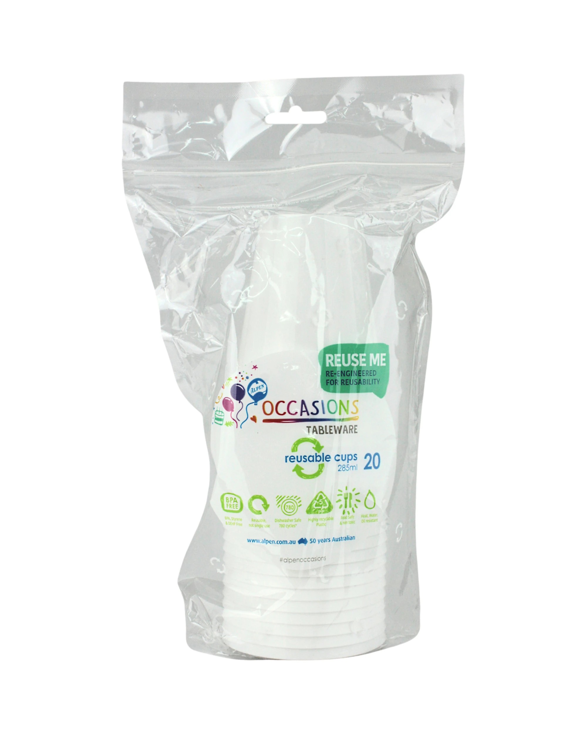 2 Alpen Reusable Cups 285ml Pack of 20 - White - White, 2 of 3