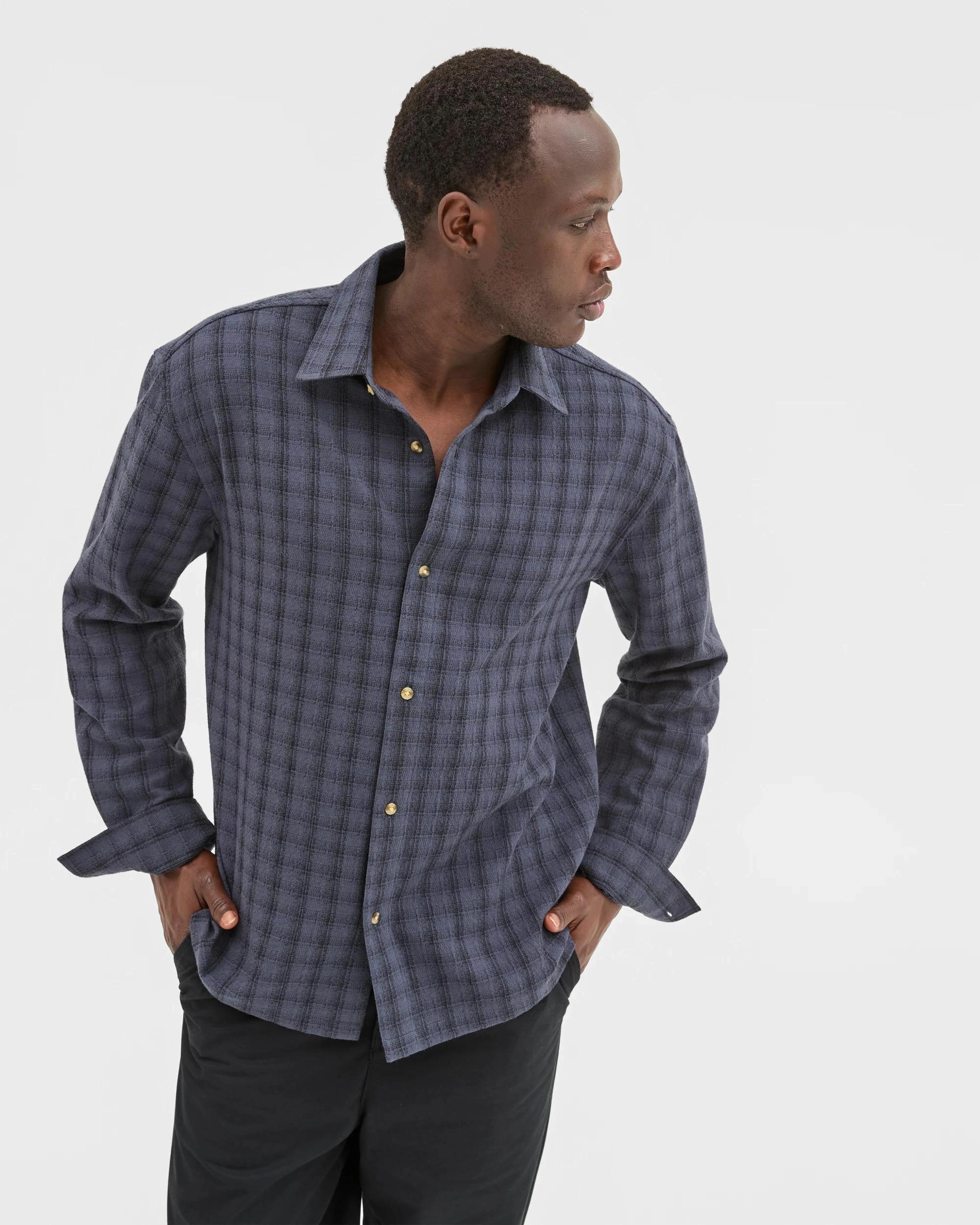 4 Commons Australian Cotton Boxy Fit Long Sleeve Textured Shirt NAVY CHECK, 4 of 7