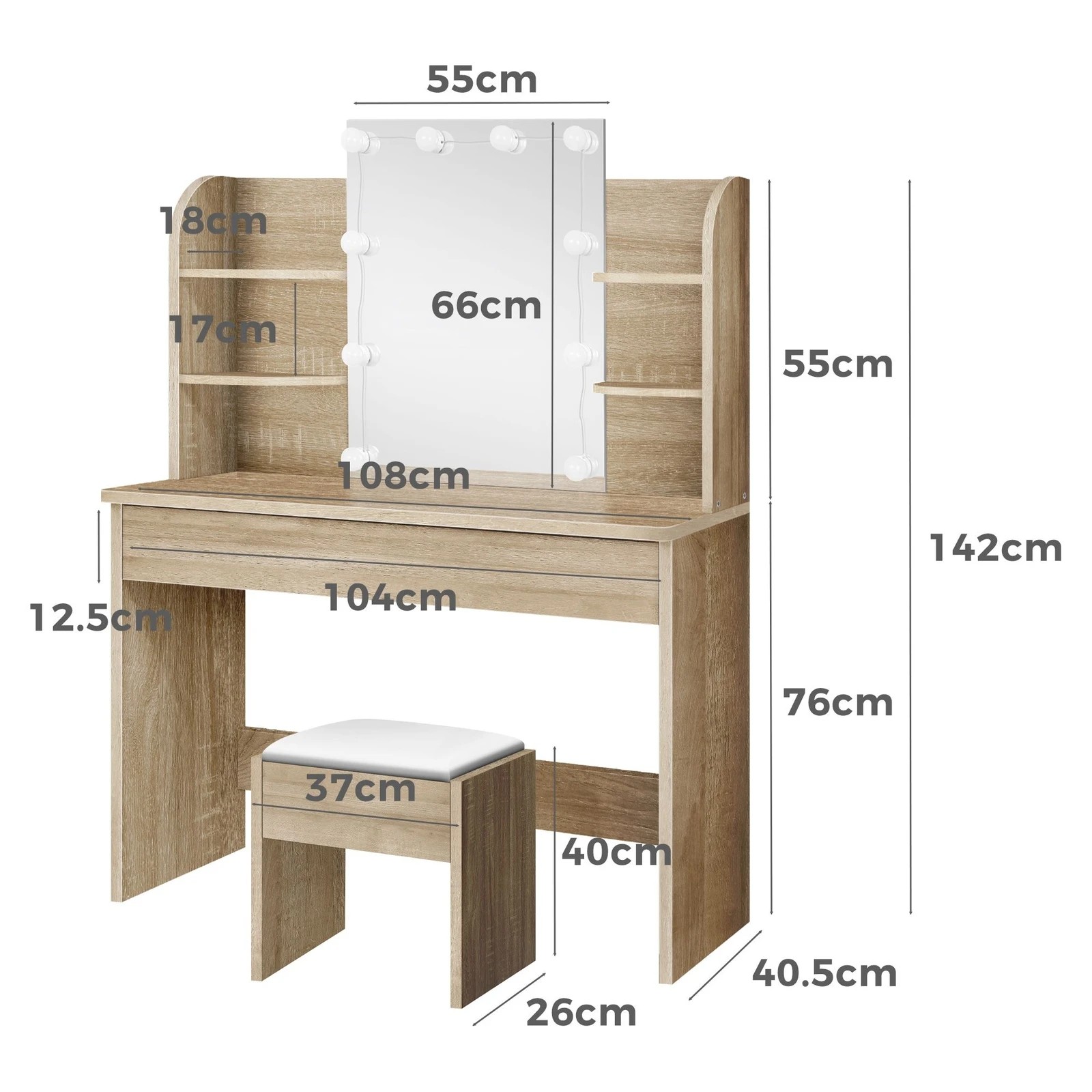 9 Alfordson Dressing Table Stool Set Makeup Mirror Vanity Desk LED Bulbs - Wood, 9 of 10