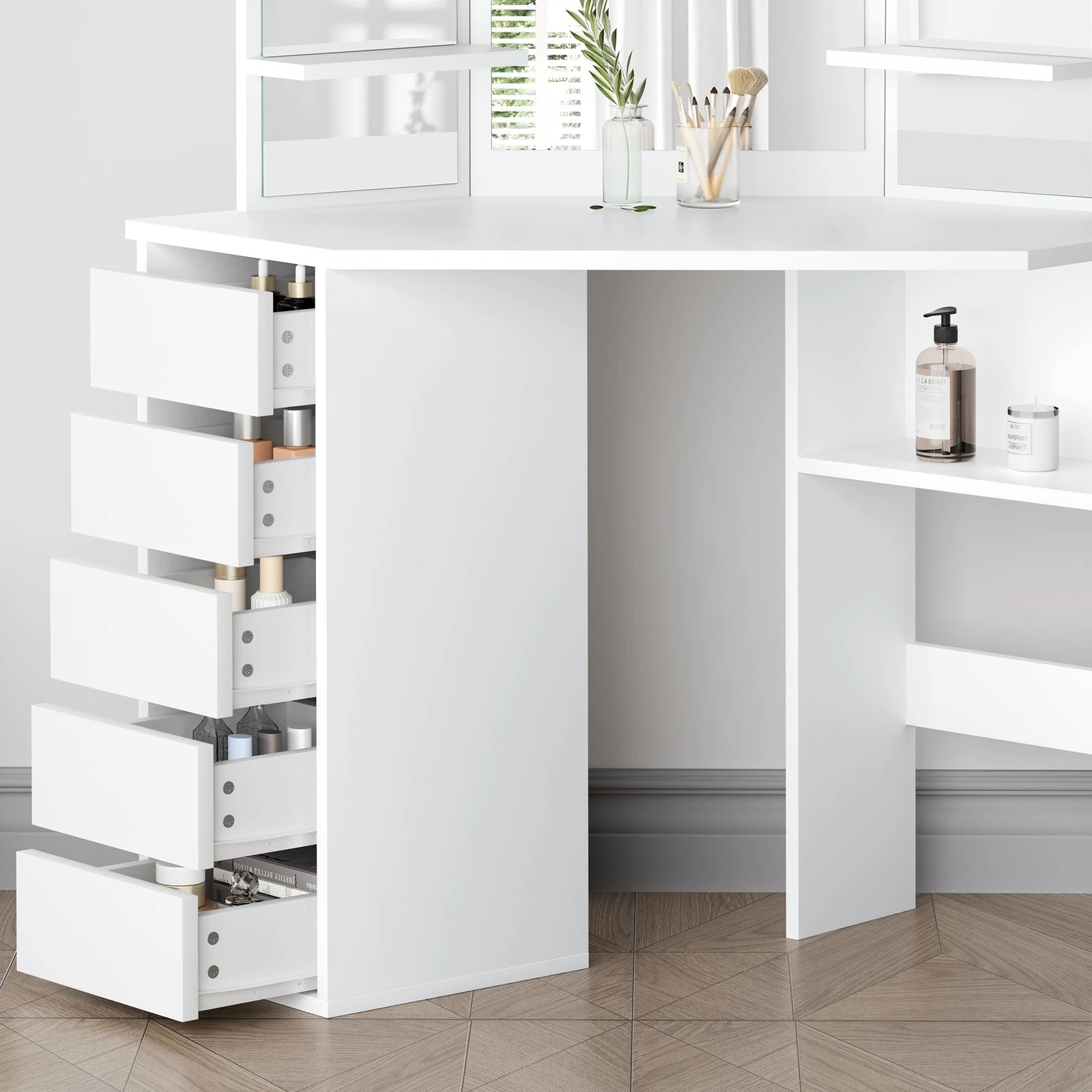 3 Alfordson Dressing Table Stool Set Makeup Tri-fold Mirror Vanity Desk - White, 3 of 10