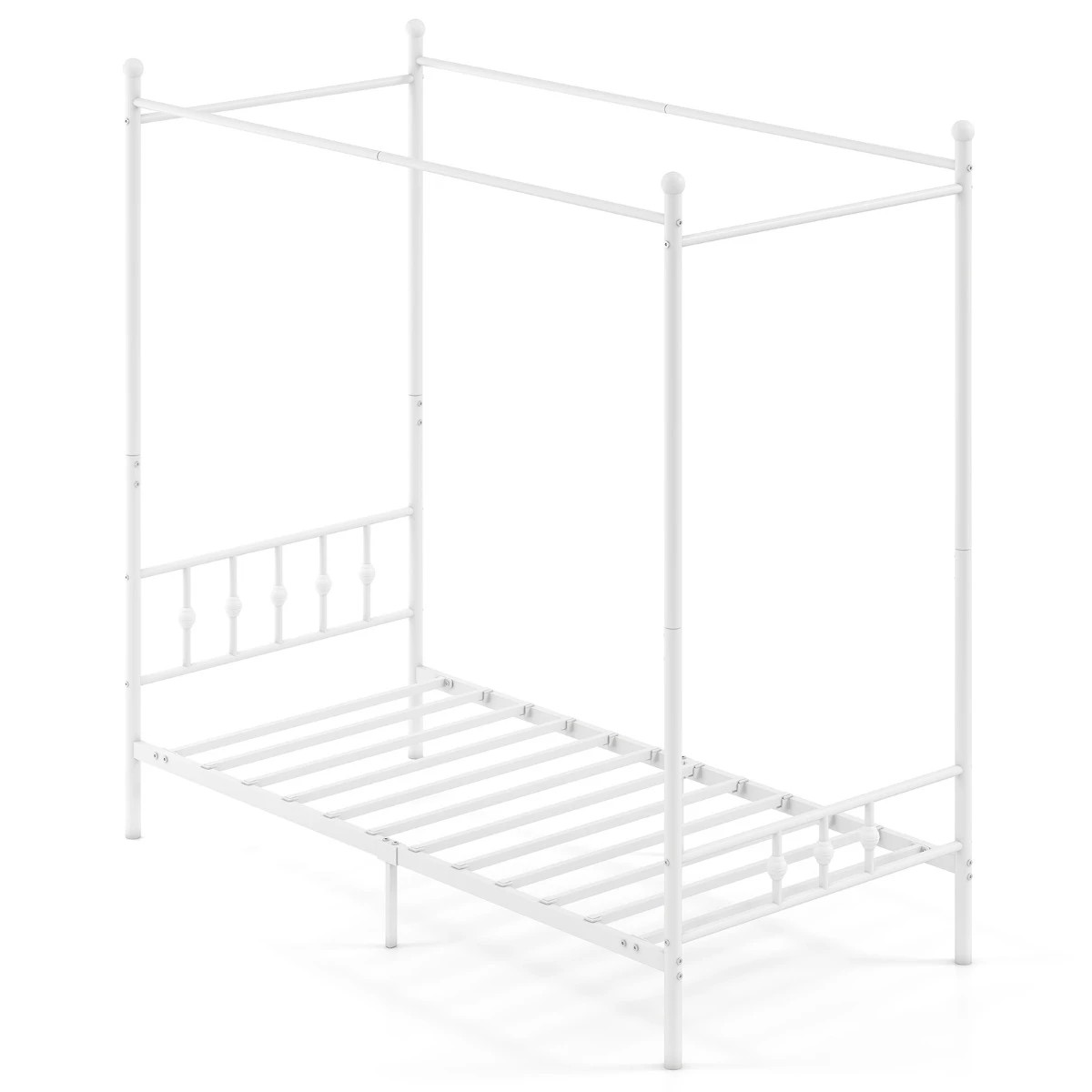 1 Costway Single Size Canopy Bed Frame 4-Poster Metal Platform Bed Mattress Foundation Under-bed Storage - White, 1 of 5