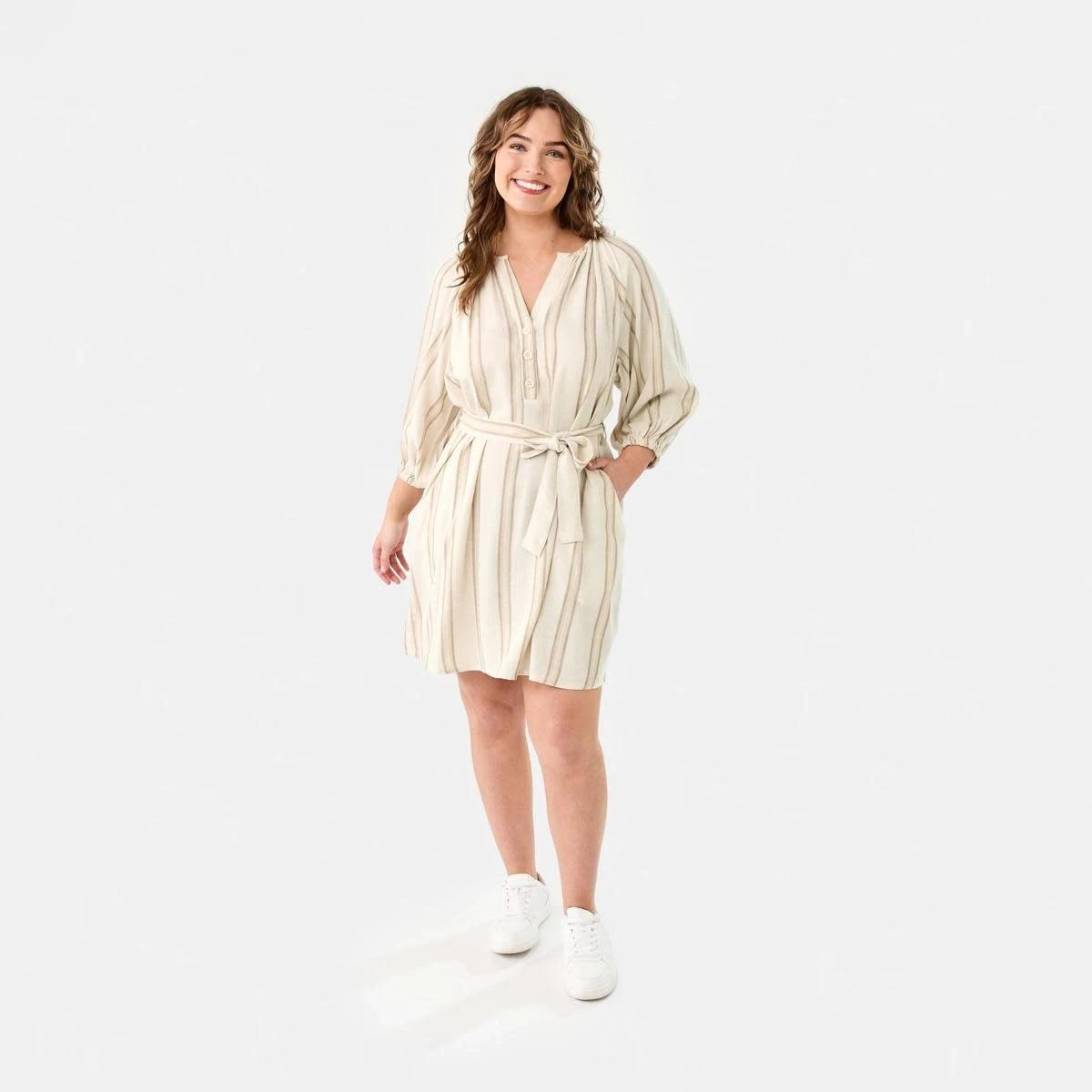 9 Elbow Sleeve Linen Blend Mini Dress STRIPE NATURAL BEIGE, 9 of 9