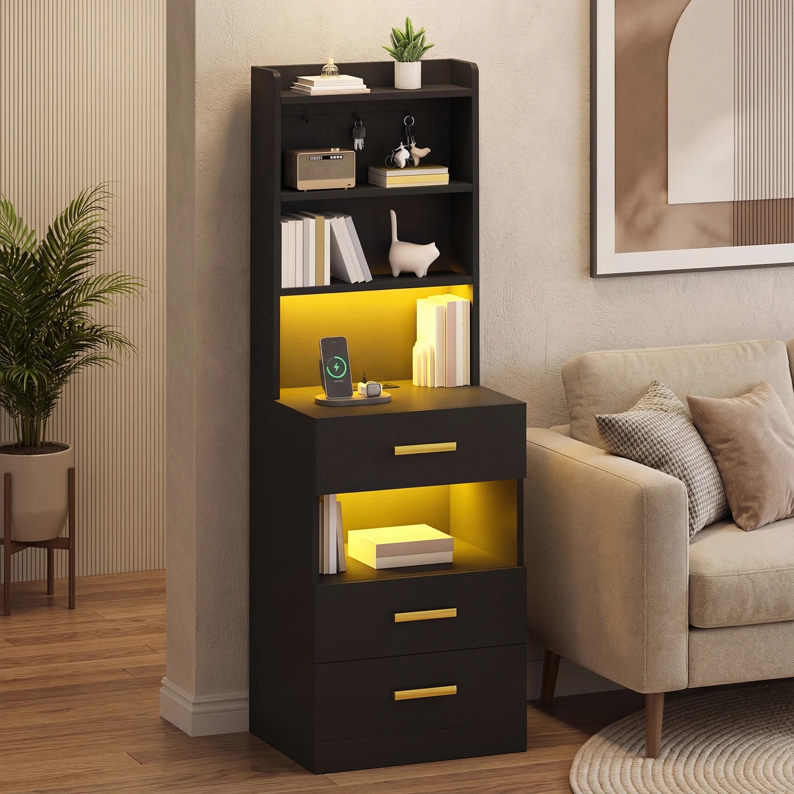 6 Advwin Tall Bedside Table with Charging Station LED Lights 3 Drawers Nightstand - Black, 6 of 9
