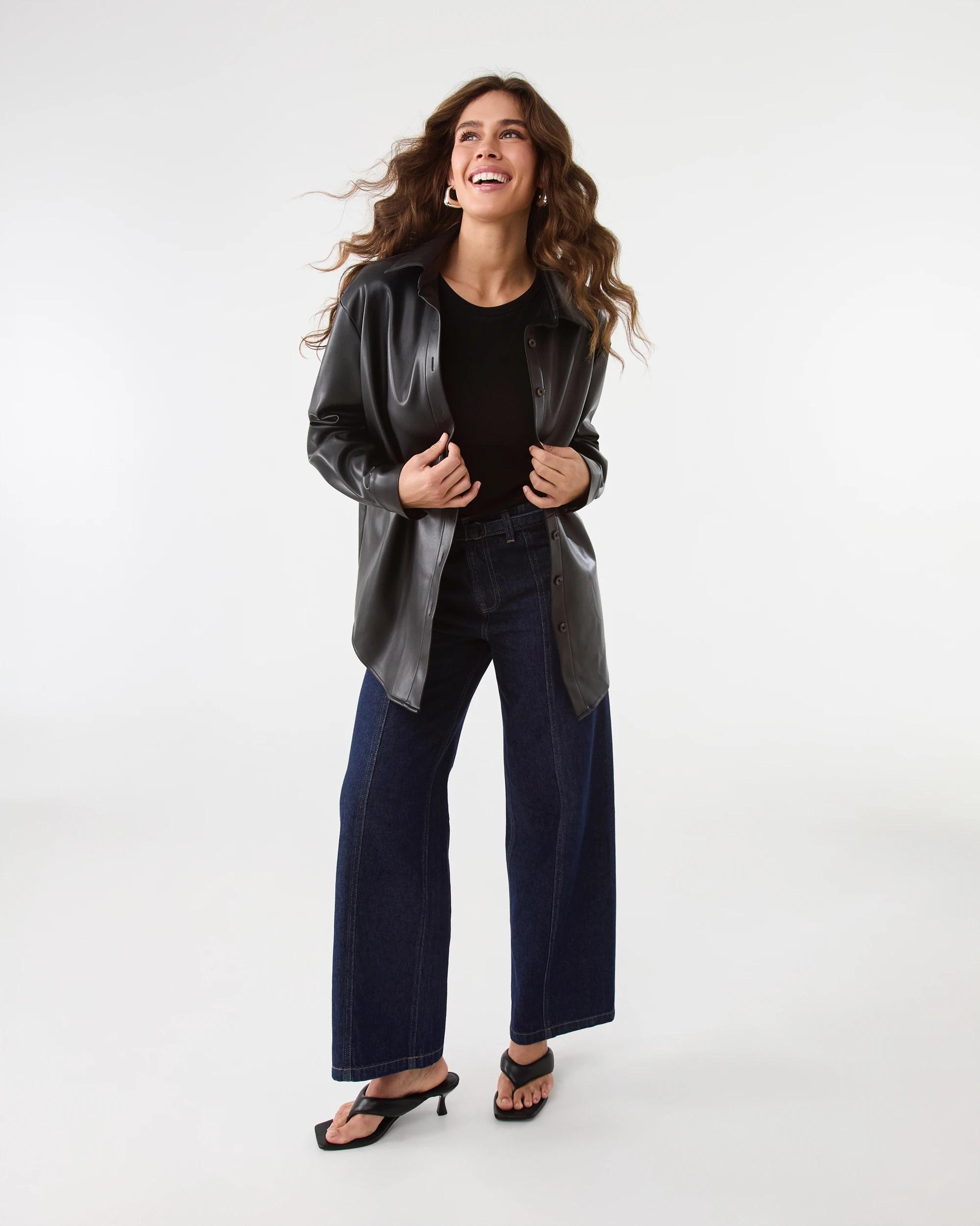 3 Long Sleeve Faux Leather Shirt Black, 3 of 6