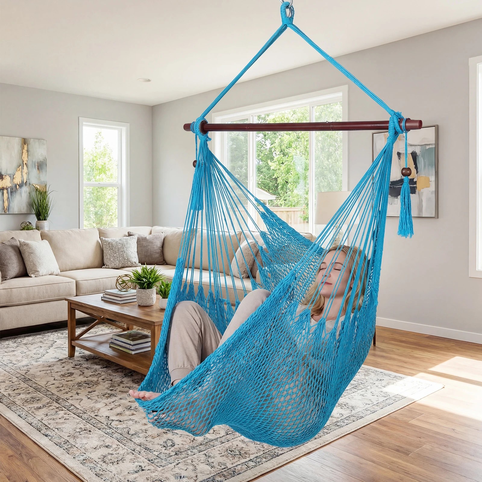 4 Costway Caribbean Hammock Chair Stretchable Hanging Rope Swing Chair - Blue, 4 of 5