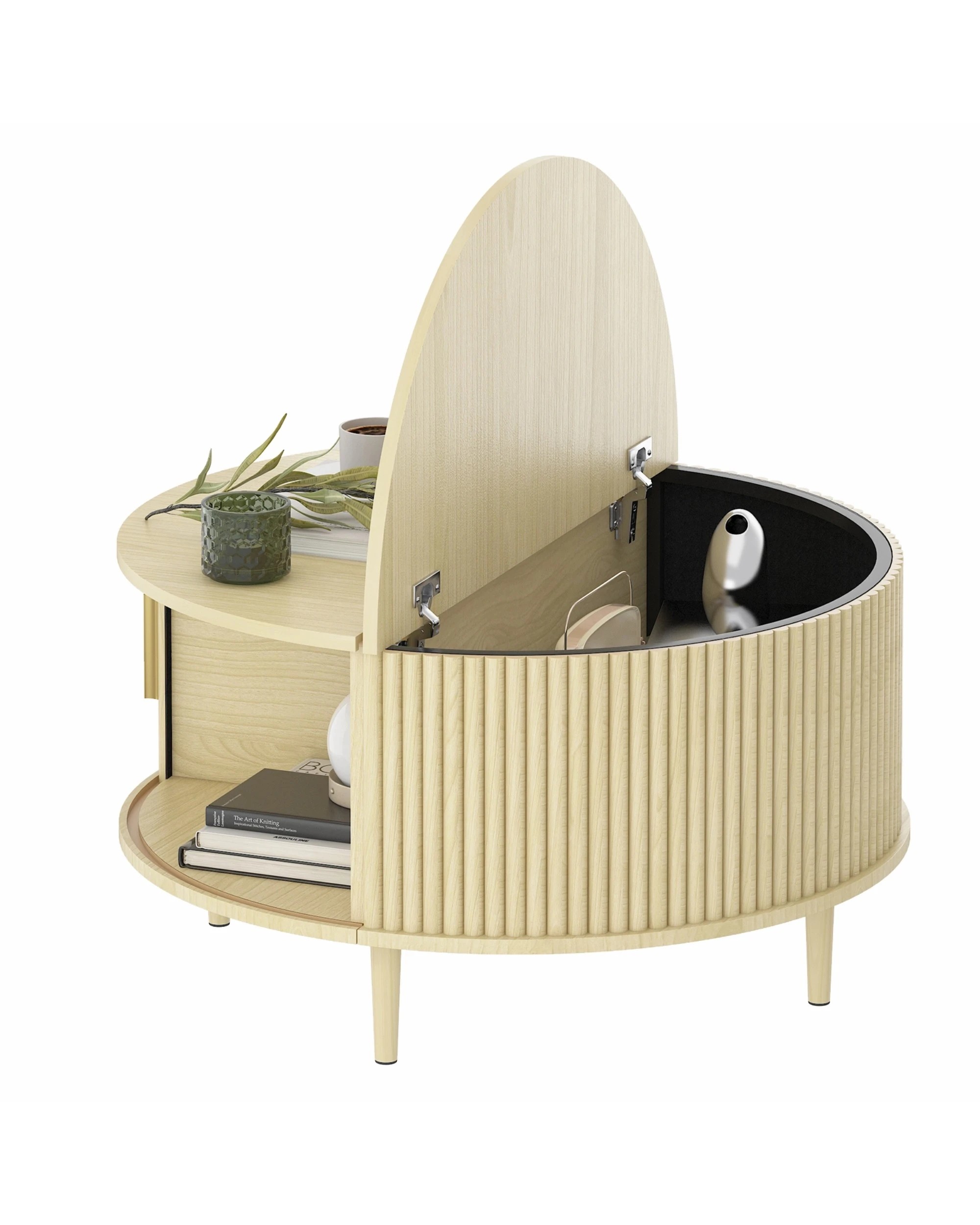 5 Advwin 80cm Round Coffee Table Fluted Center Table w/ Sliding Door Cabinet Side Table w/ Hidden Storage & Shelf, 5 of 8