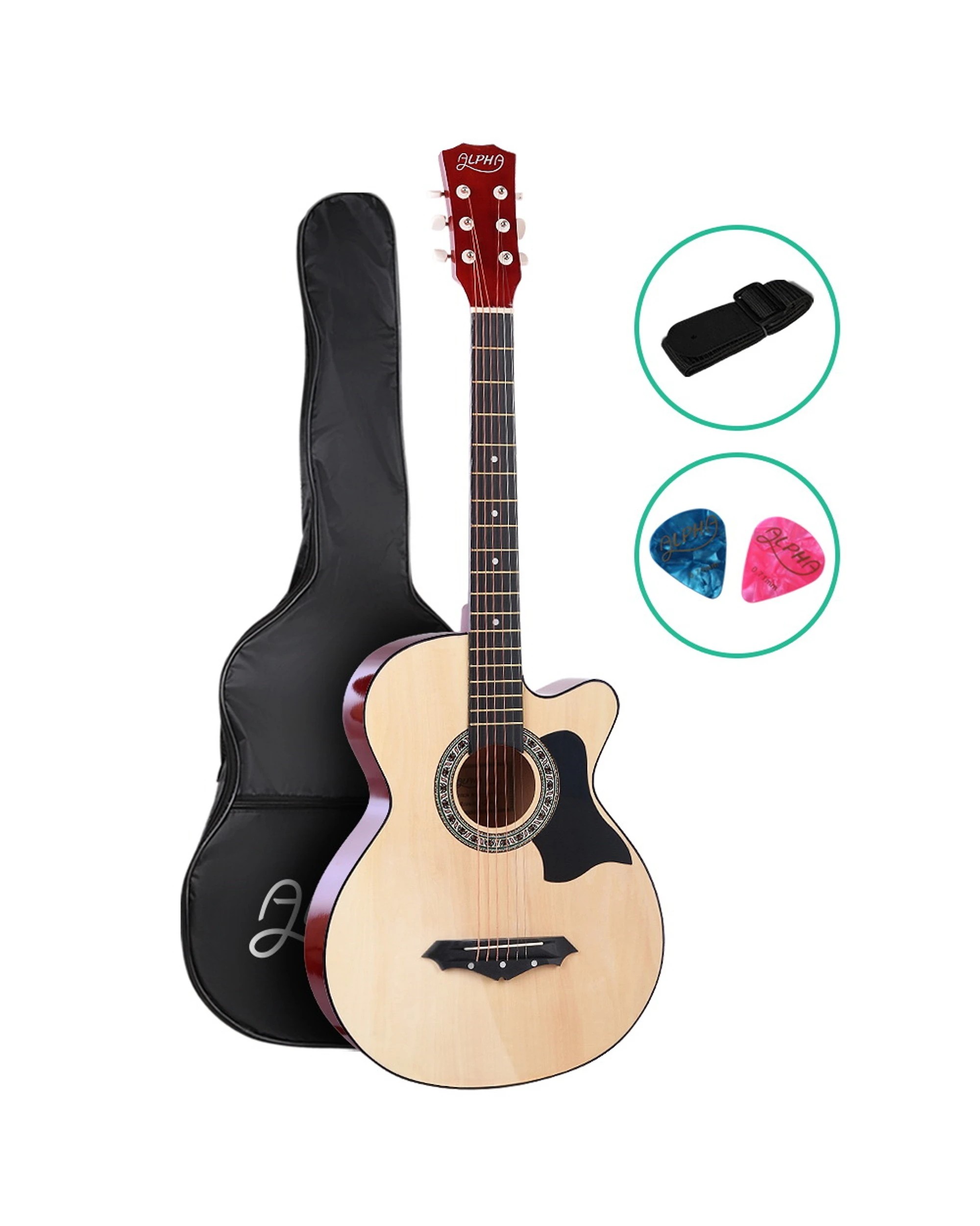 1 Alpha 38 Inch Acoustic Guitar Wooden Body Steel String Full Size Cutaway Wood - Natural, 1 of 7