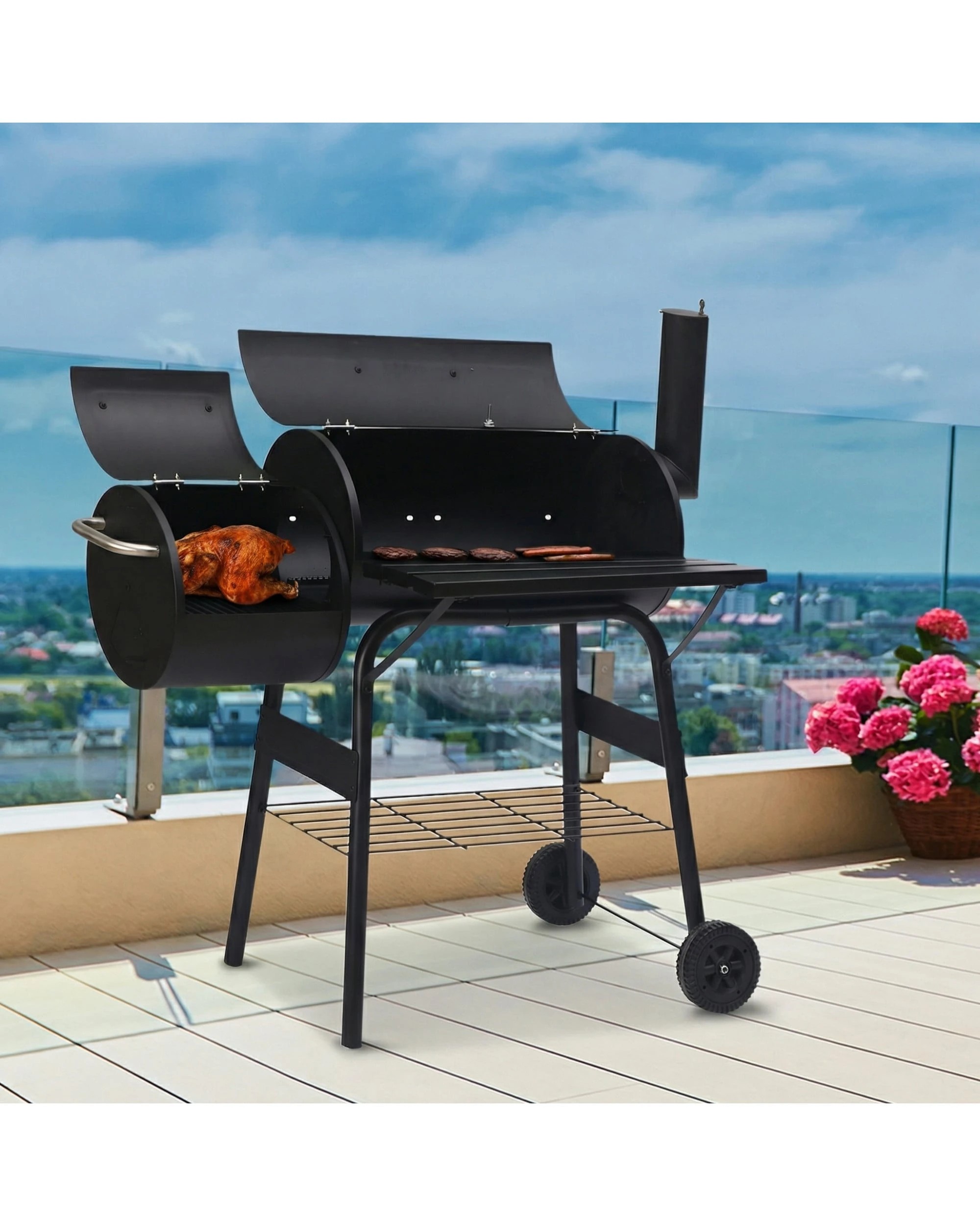 9 Wallaroo 2in1 Portable Barbecue Grill Offset Smoker Thermometer Work Shelf Outdoor BBQ Smoker - Black, 9 of 10