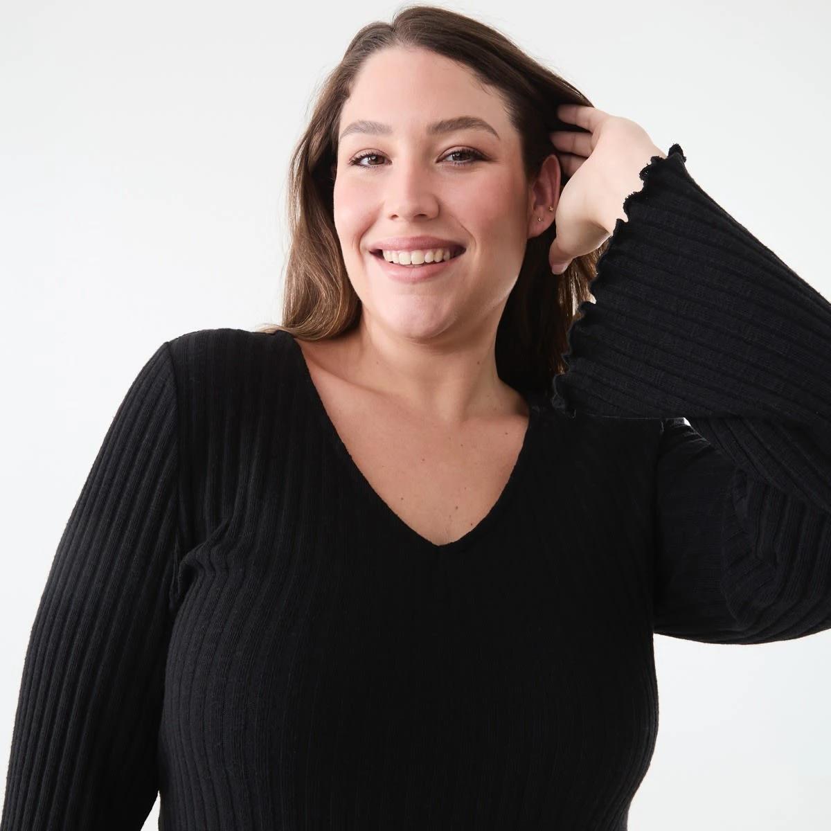 5 Curve Long Sleeve Ribbed Midi Dress Black, 5 of 6
